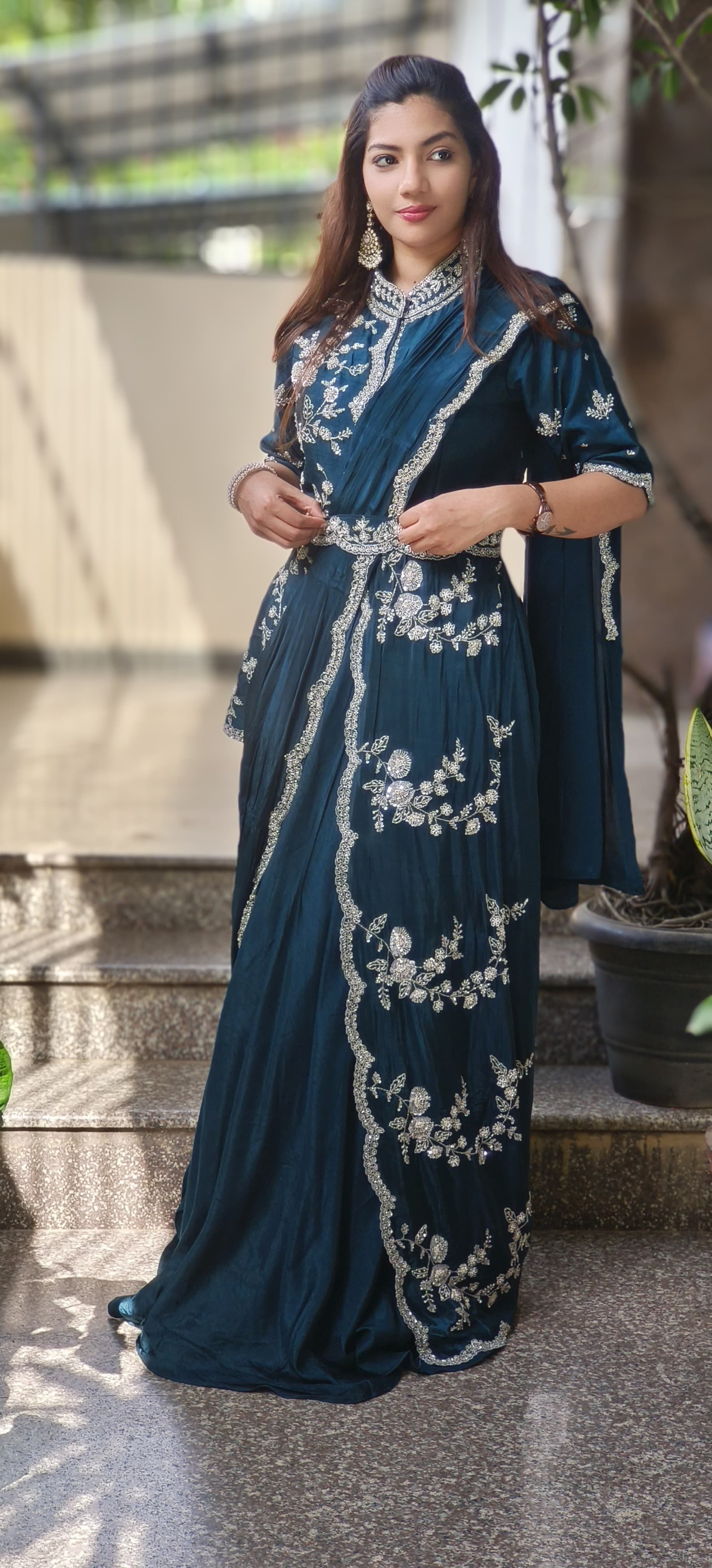 Heavy Handwork Party Wear Draped Crepe Gown With Attached Silk Jacket & Belt