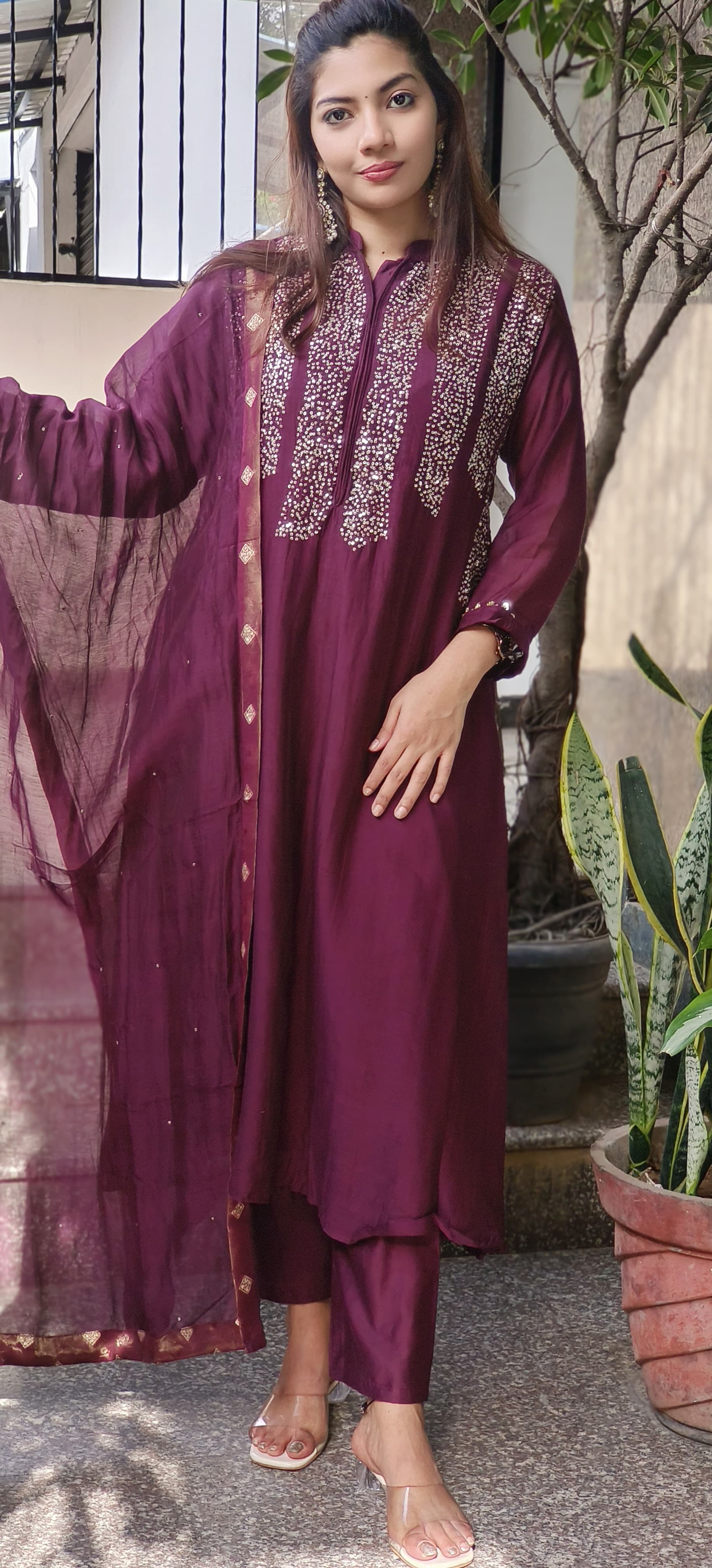 Tiny Foil Sequenced Front Work Full Suit Set With Dupatta In Pure Mul Chanderi Fabric- 10234, 10235, 10236