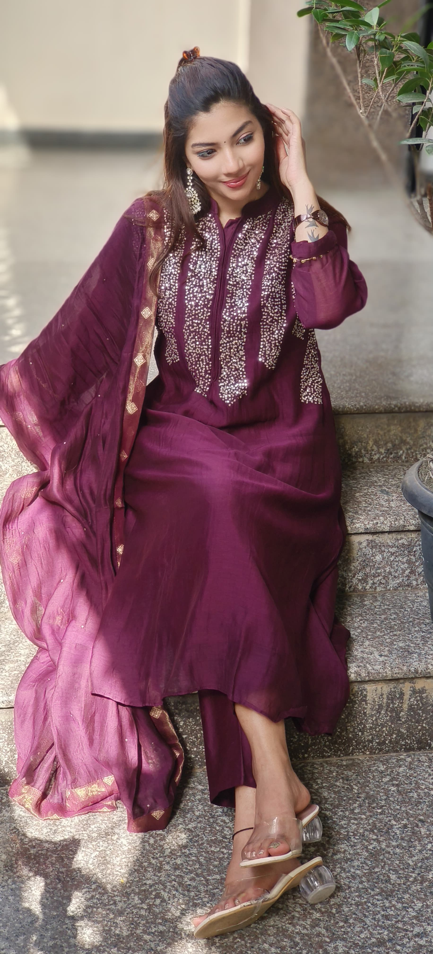Tiny Foil Sequenced Front Work Full Suit Set With Dupatta In Pure Mul Chanderi Fabric- 10234, 10235, 10236