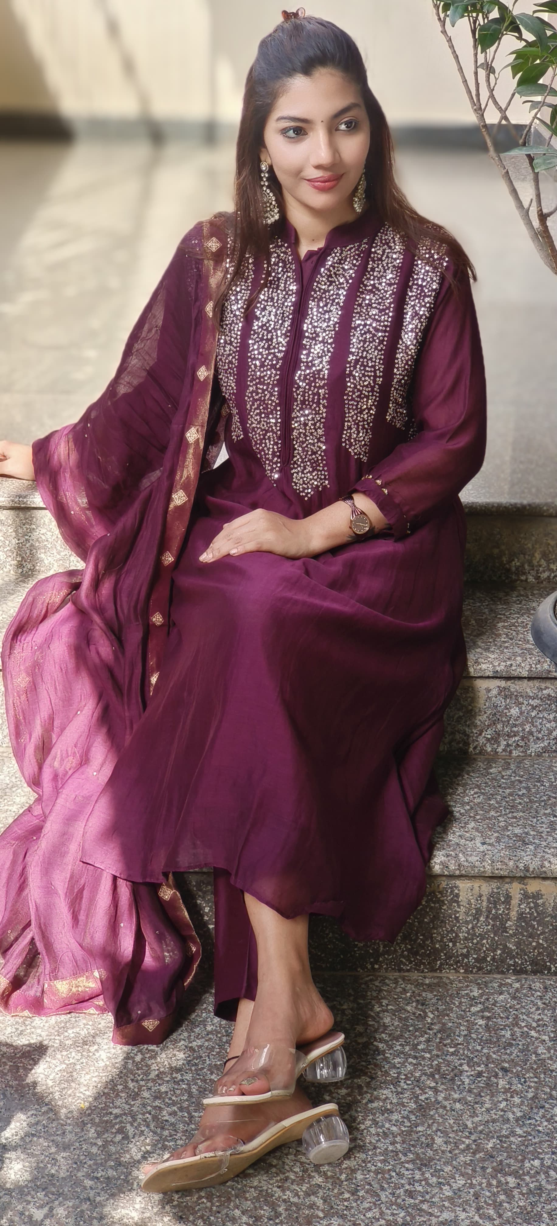 Tiny Foil Sequenced Front Work Full Suit Set With Dupatta In Pure Mul Chanderi Fabric- 10234, 10235, 10236