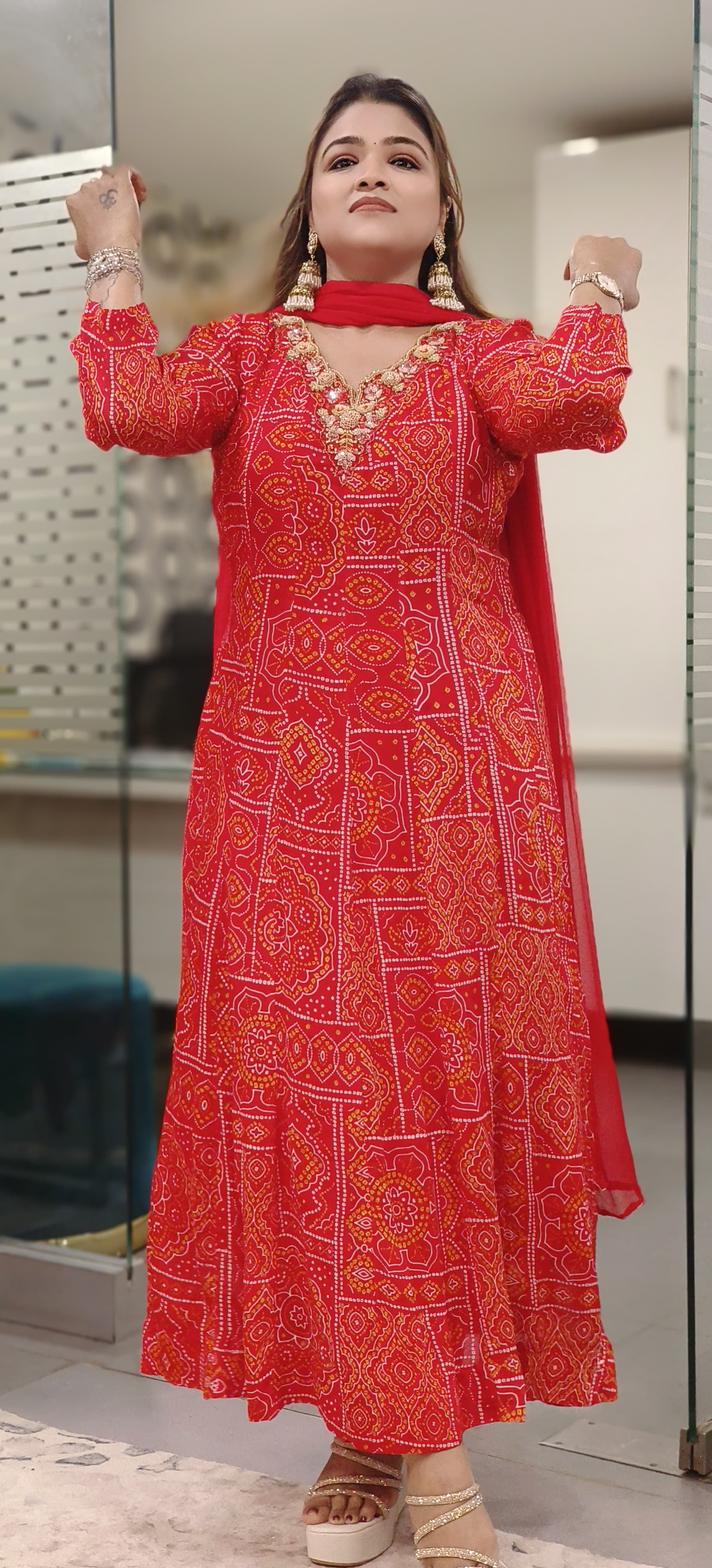 Embroidered Neck Chinon Fabric Chunari Print Panel Anarkali Full Suit Set-10187