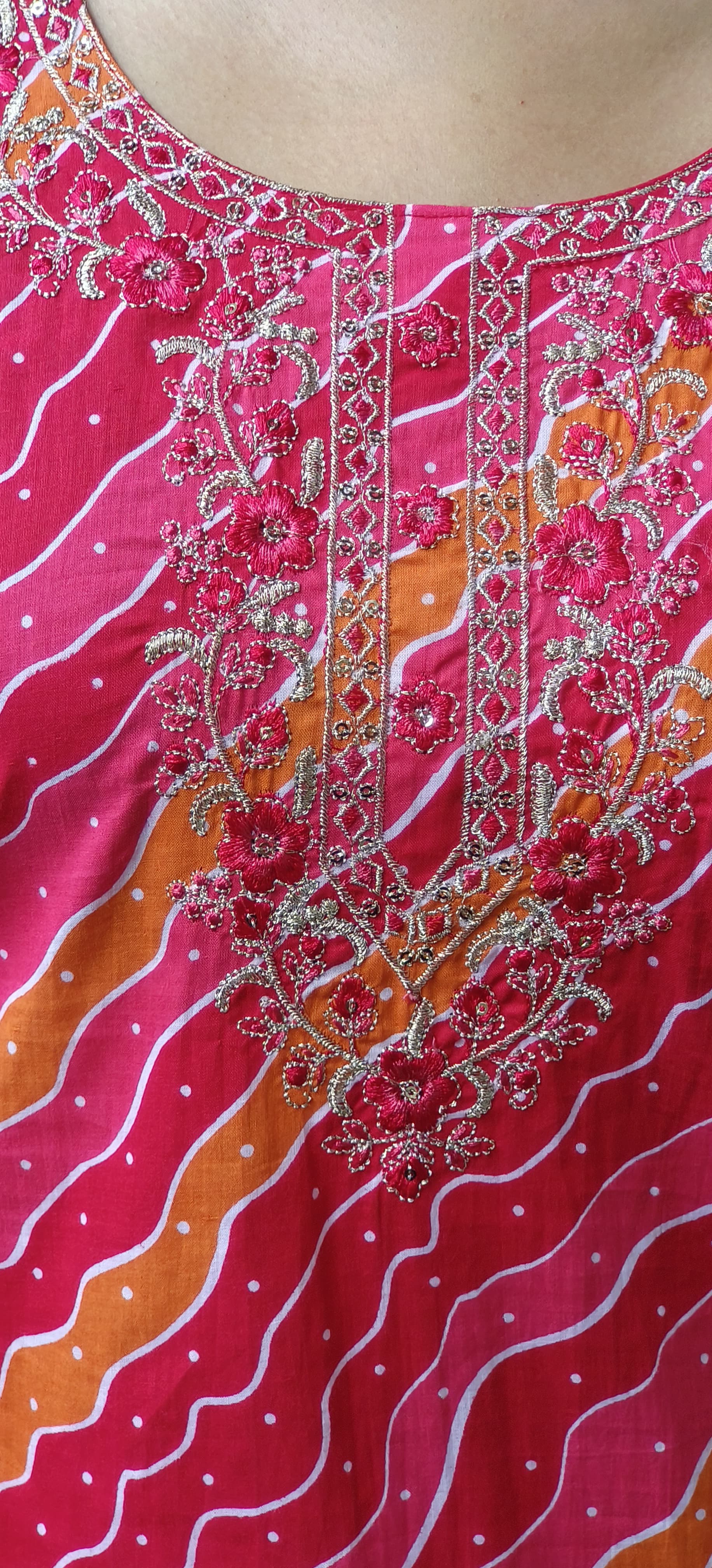 Lehriya Floral Thread Work Bright Full Suit Set With Dupatta In Cotton Fabric