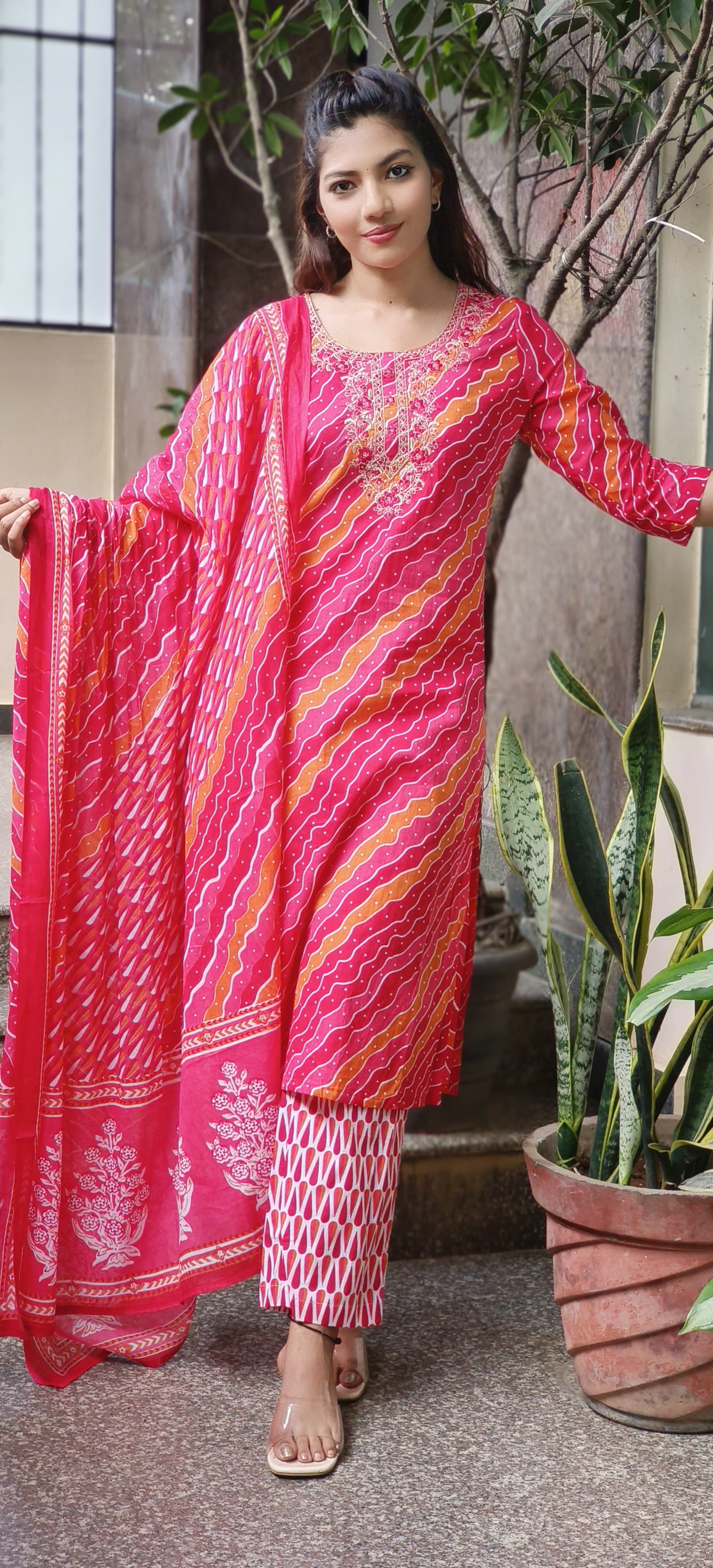 Lehriya Floral Thread Work Bright Full Suit Set With Dupatta In Cotton Fabric