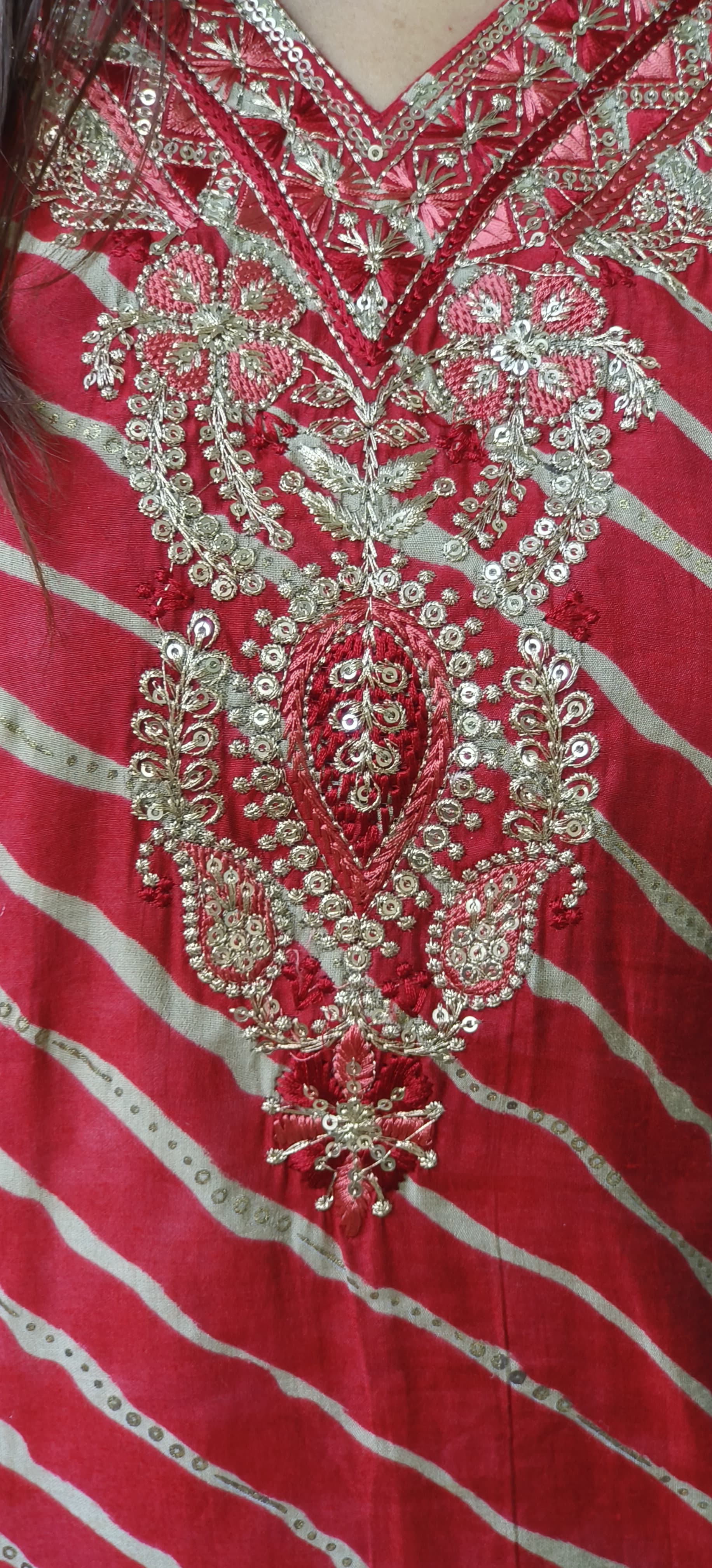 Mudal Muslin lehriya Print Embroidered Neck Full set-10274,10273