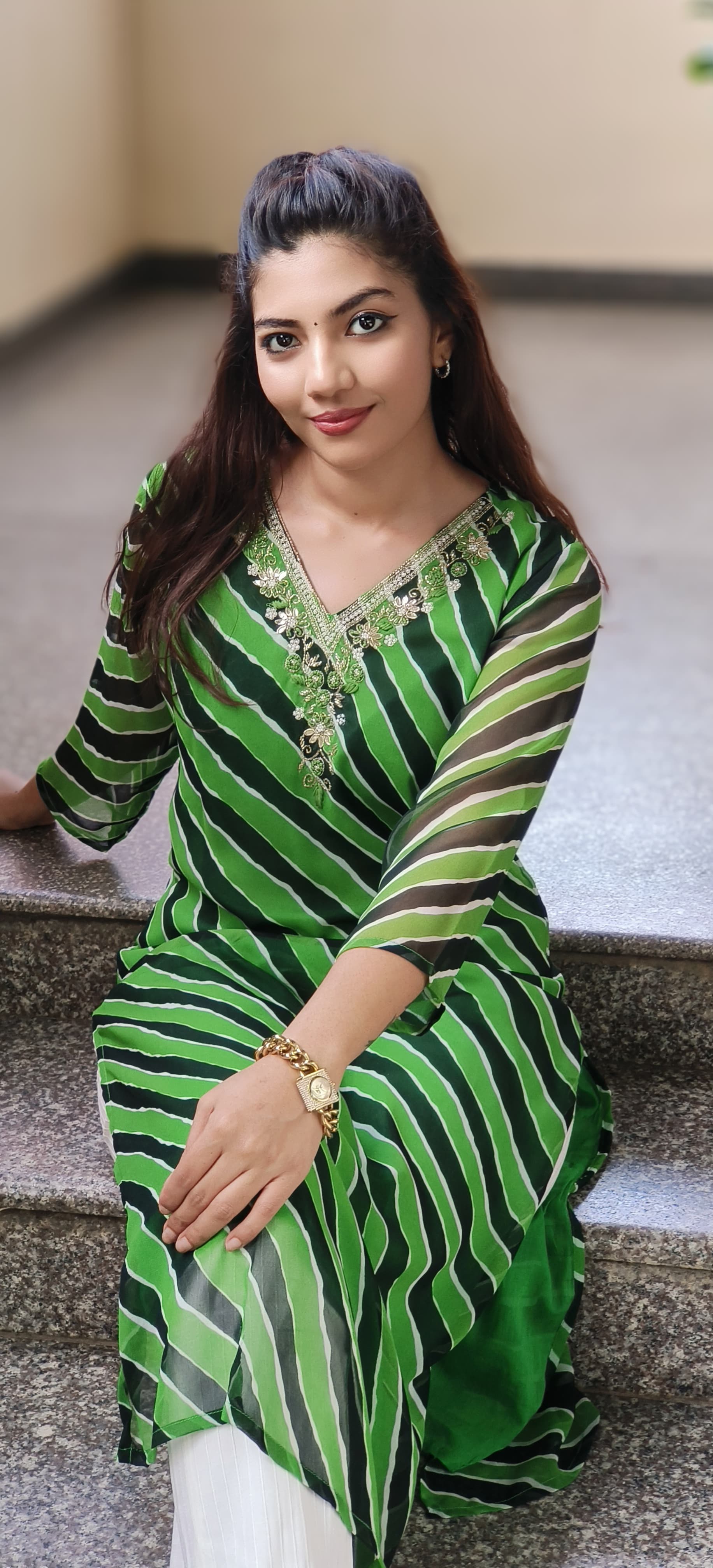 V-Neck Handwork Leheriya Kurti Only In Georgette Fabric