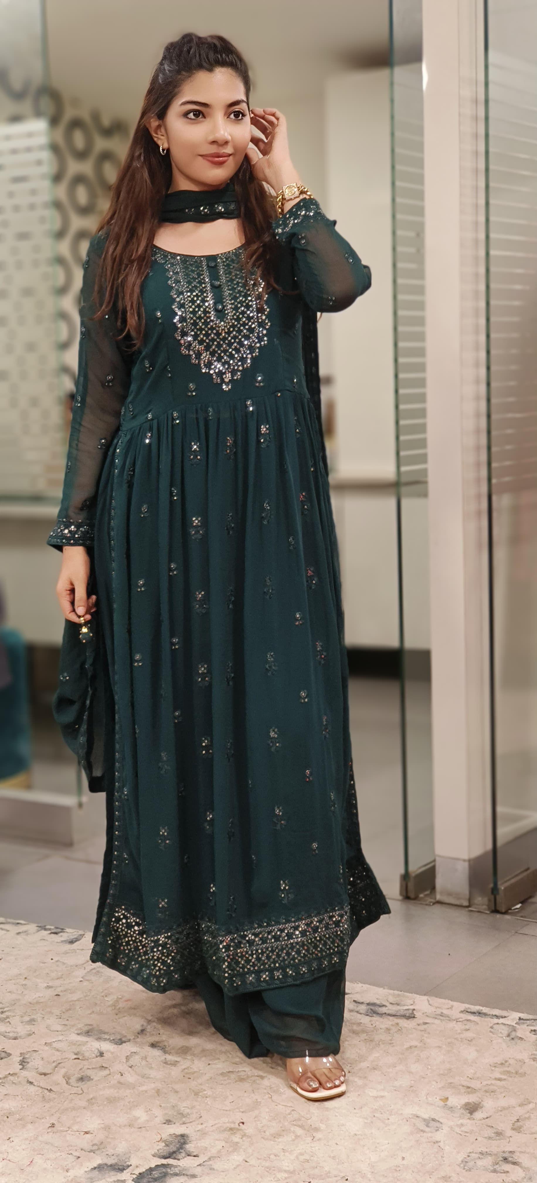 Foil Mirror Embroidered Georgette Nyra Cut Kurta with Loose Palazzo And Dupatta