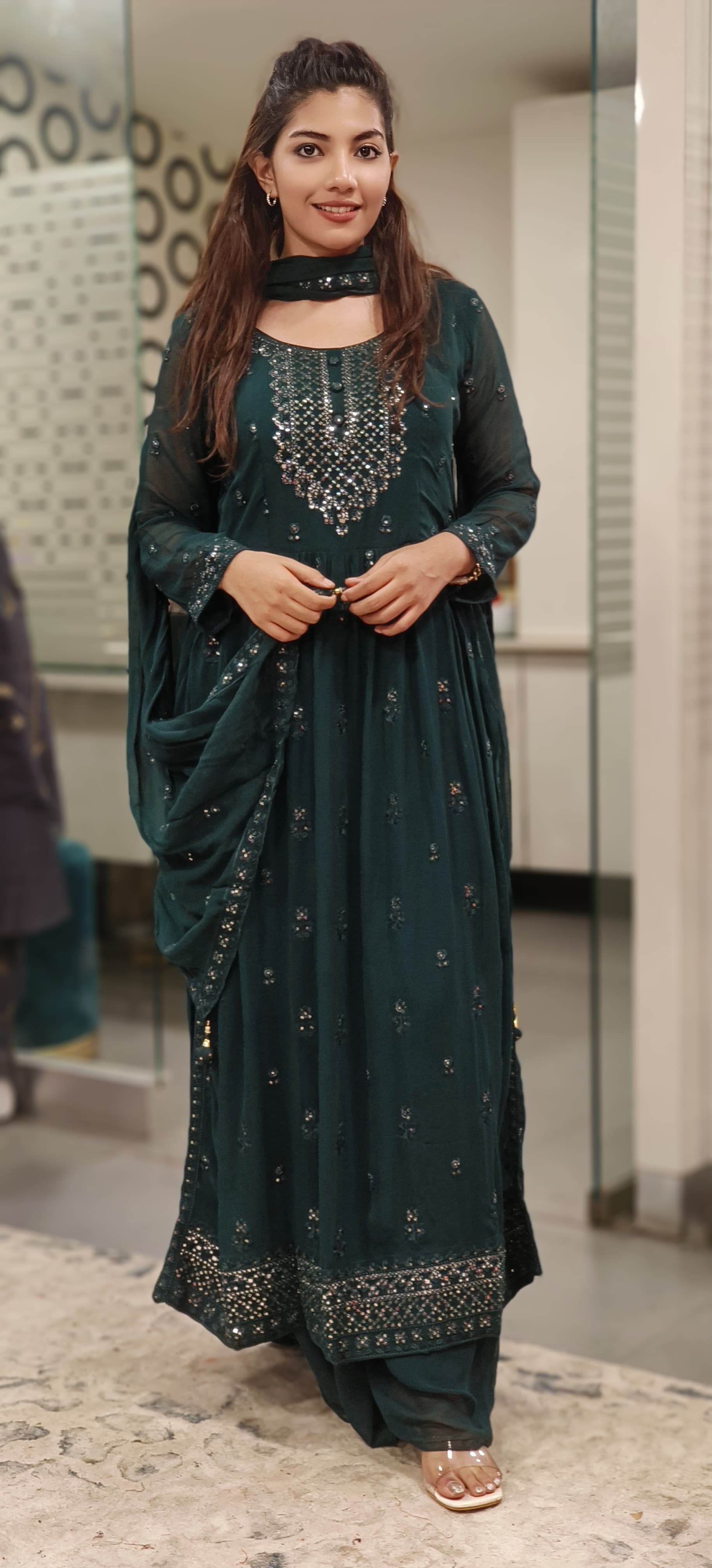 Foil Mirror Embroidered Georgette Nyra Cut Kurta with Loose Palazzo And Dupatta