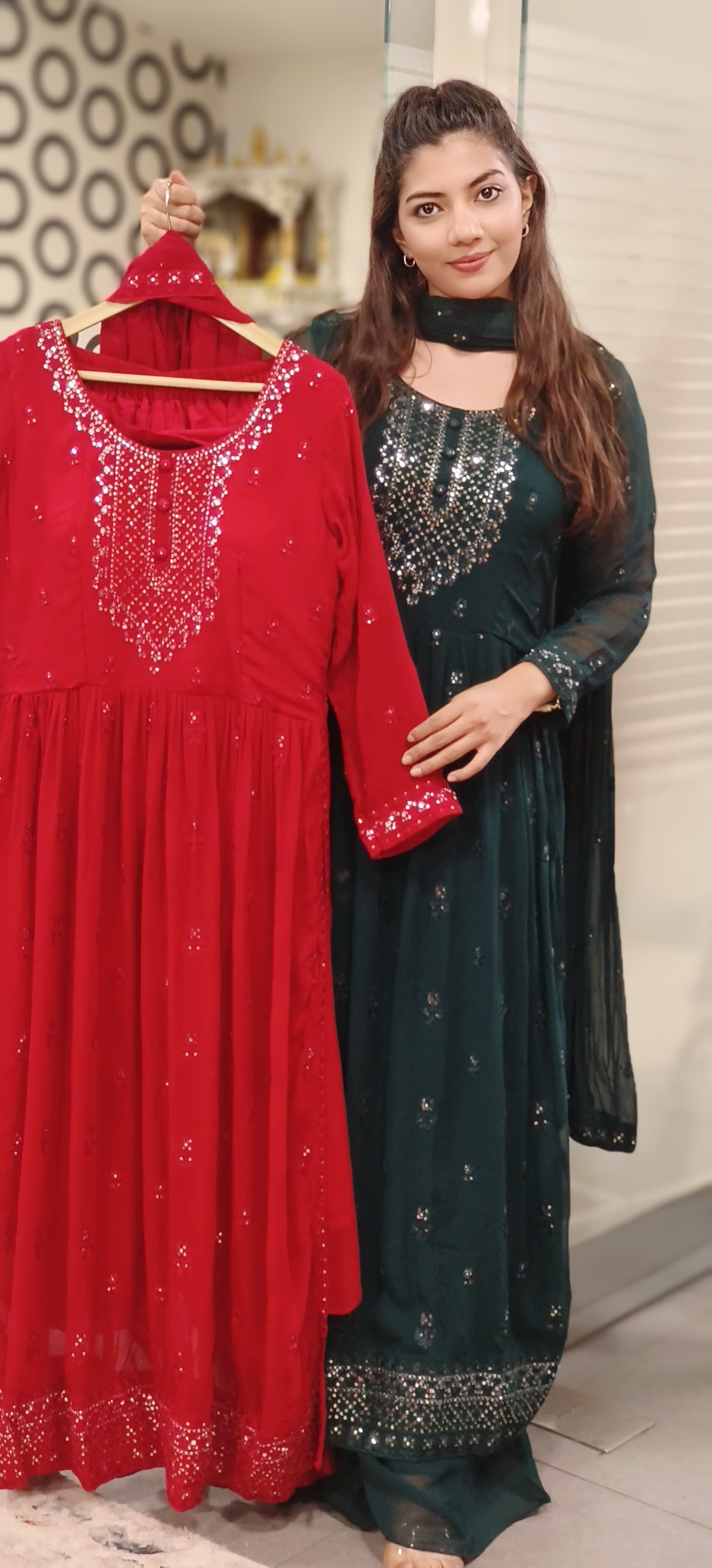 Foil Mirror Embroidered Georgette Nyra Cut Kurta with Loose Palazzo And Dupatta