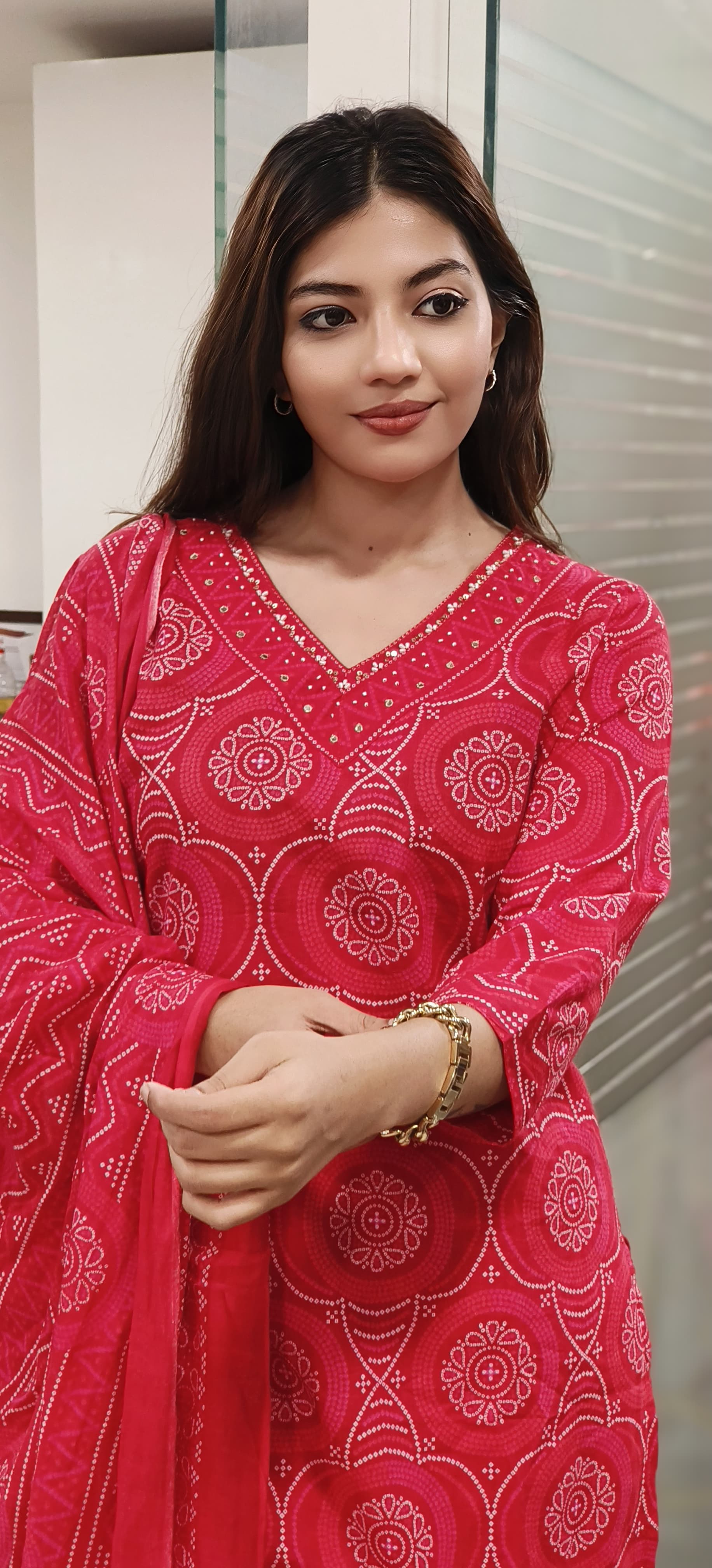 V-Neck Cotton Full Suit Set With Dupatta