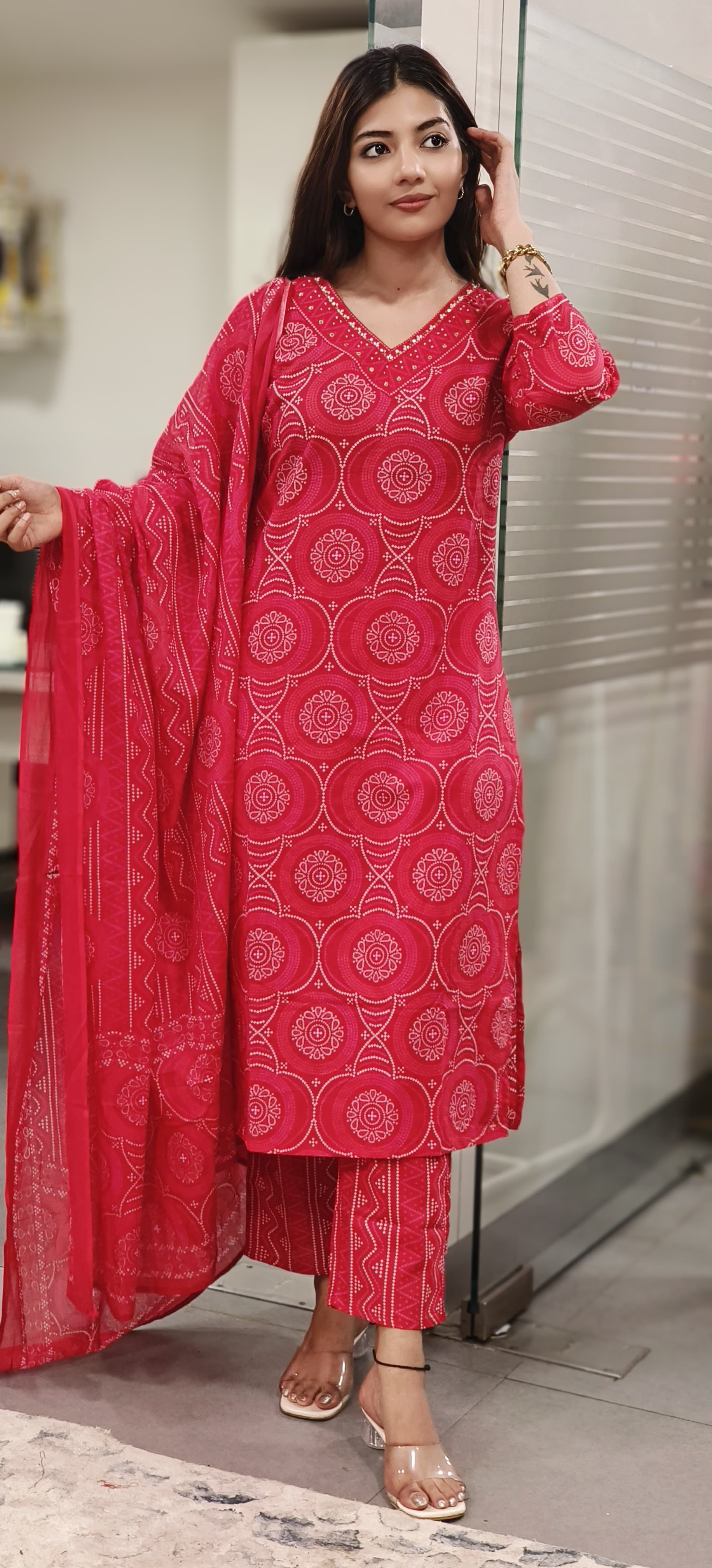 V-Neck Cotton Full Suit Set With Dupatta