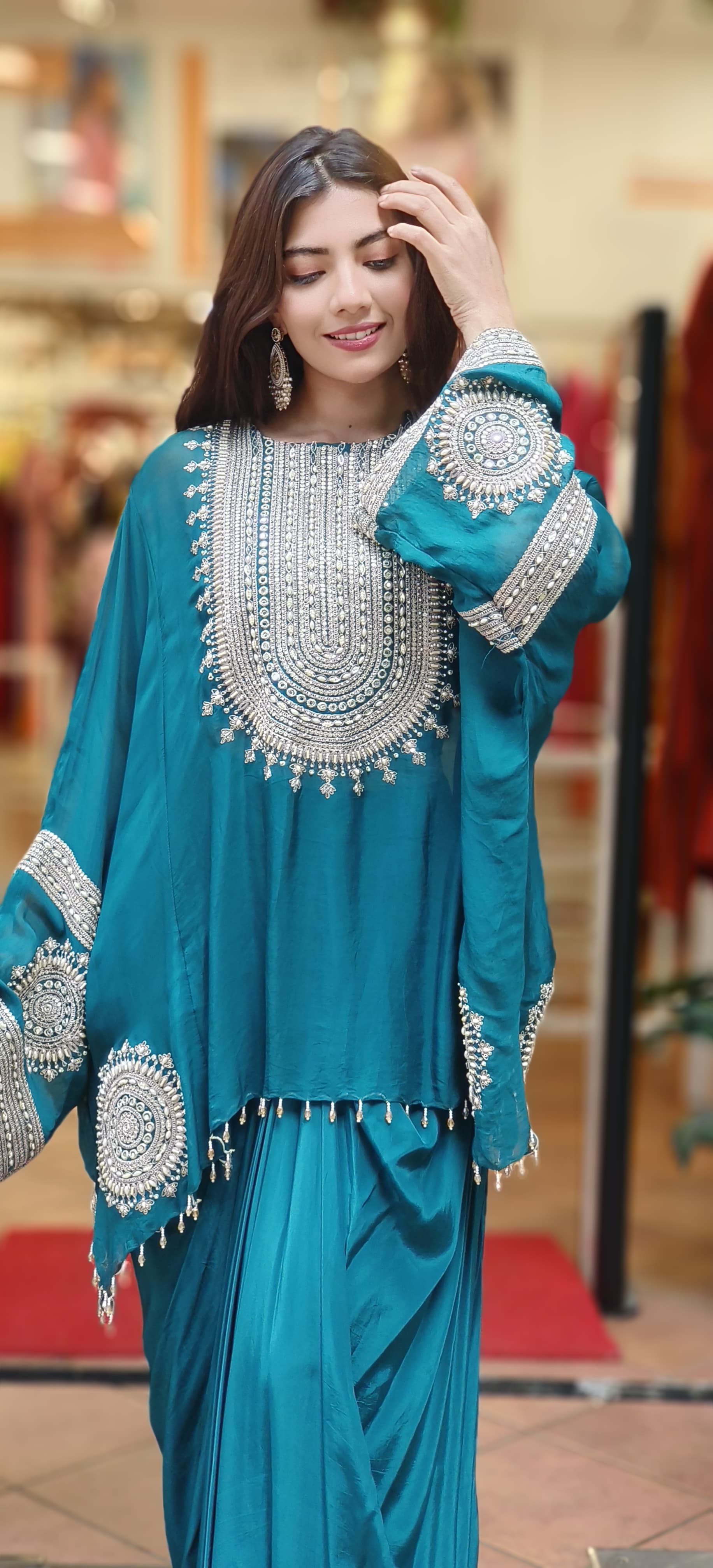 Stylish Party Wear Indo-western Dress with Padded Busters Drape Skirt And Embroidered Cape Style Top