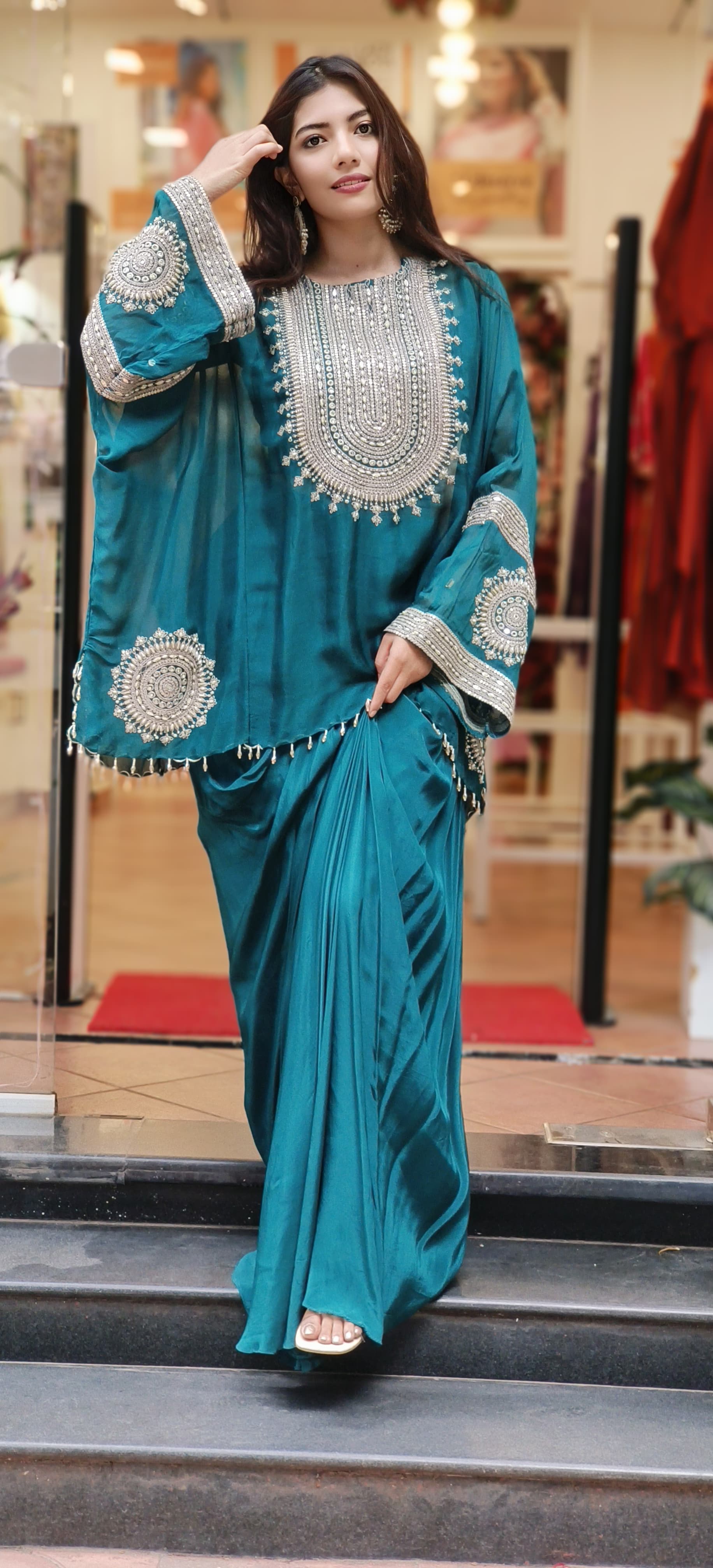 Stylish Party Wear Indo-western Dress with Padded Busters Drape Skirt And Embroidered Cape Style Top