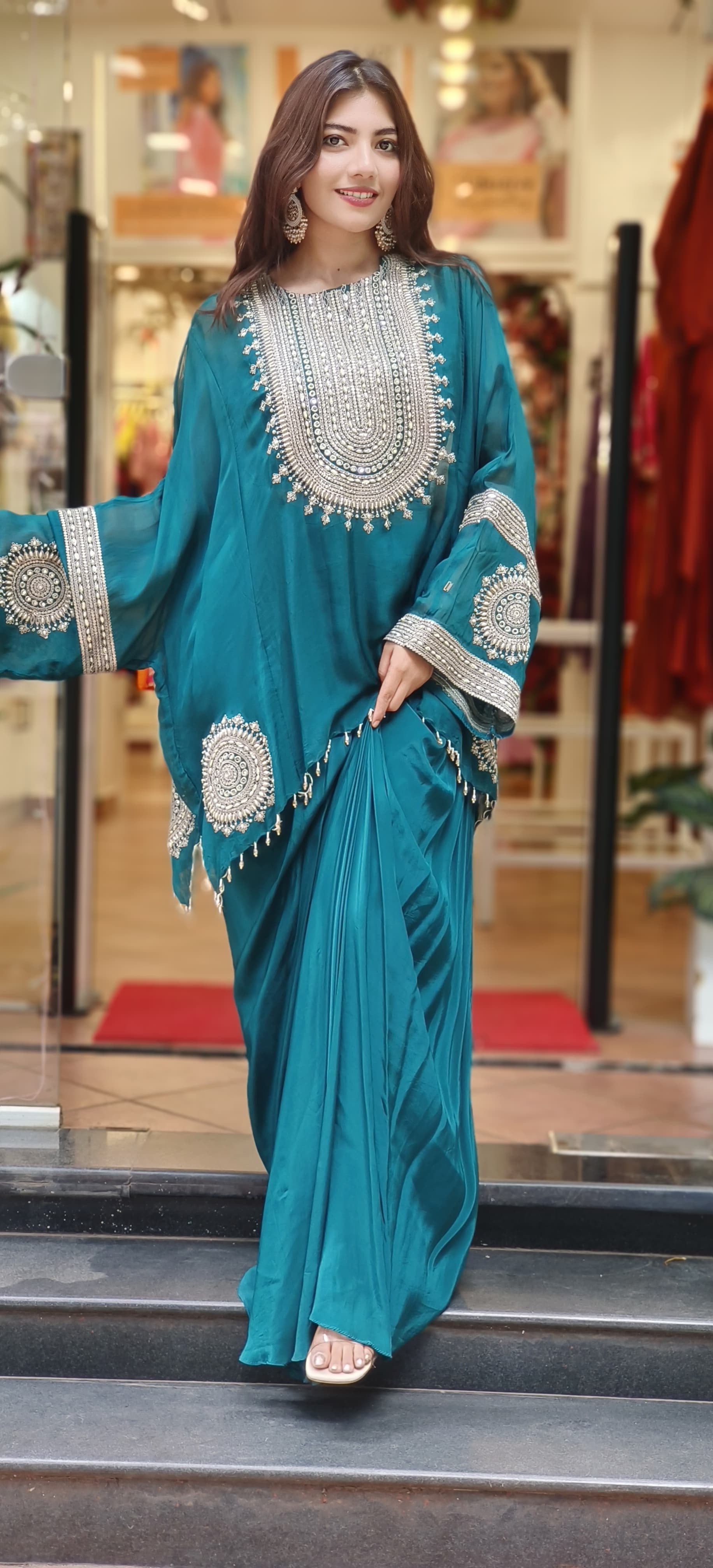 Stylish Party Wear Indo-western Dress with Padded Busters Drape Skirt And Embroidered Cape Style Top
