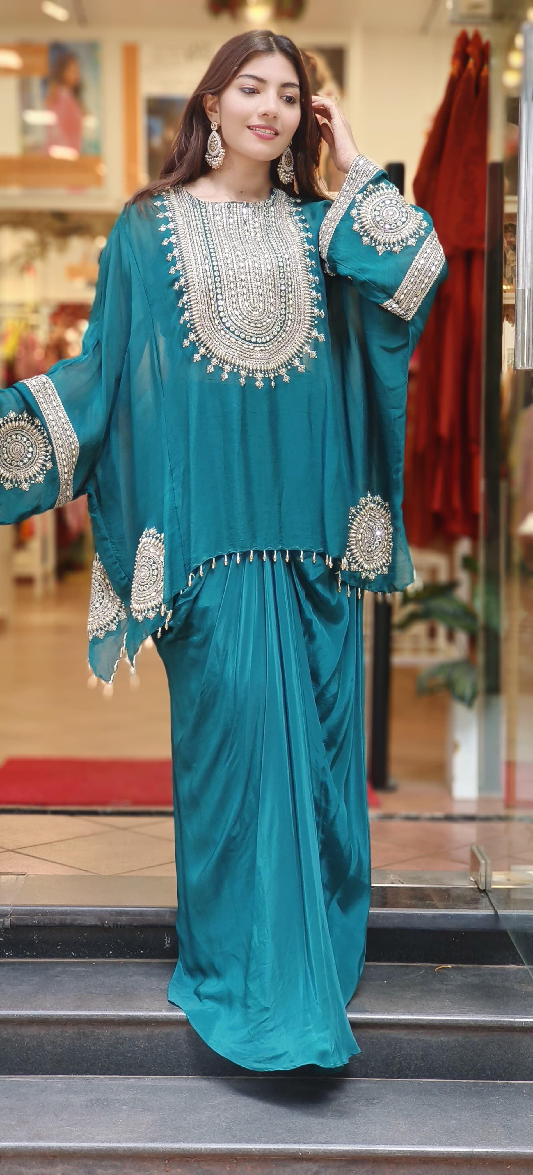 Stylish Party Wear Indo-western Dress with Padded Busters Drape Skirt And Embroidered Cape Style Top