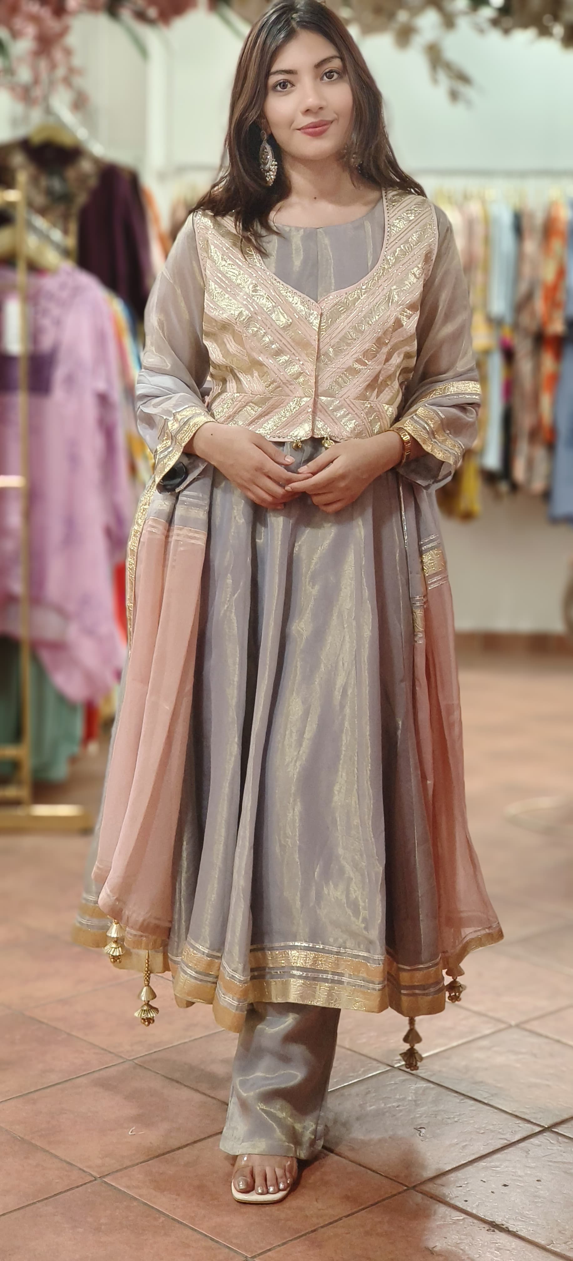 Geometric Shimmer Tissue Zari Embroidered Anarkali Set with Contrast Dupatta - Grey & Blush Pink/Gold -07366-67