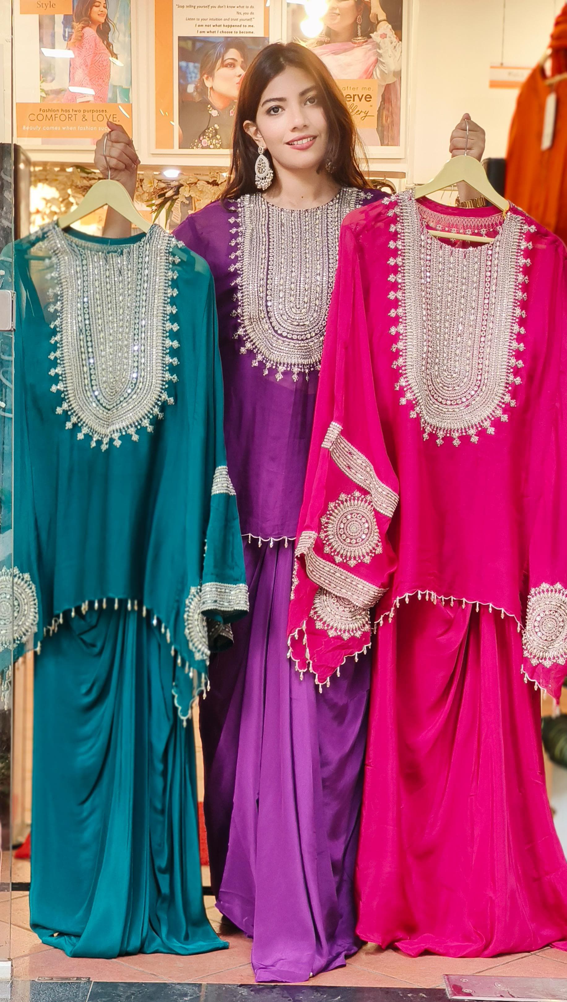 Stylish Party Wear Indo-western Dress with Padded Busters Drape Skirt And Embroidered Cape Style Top