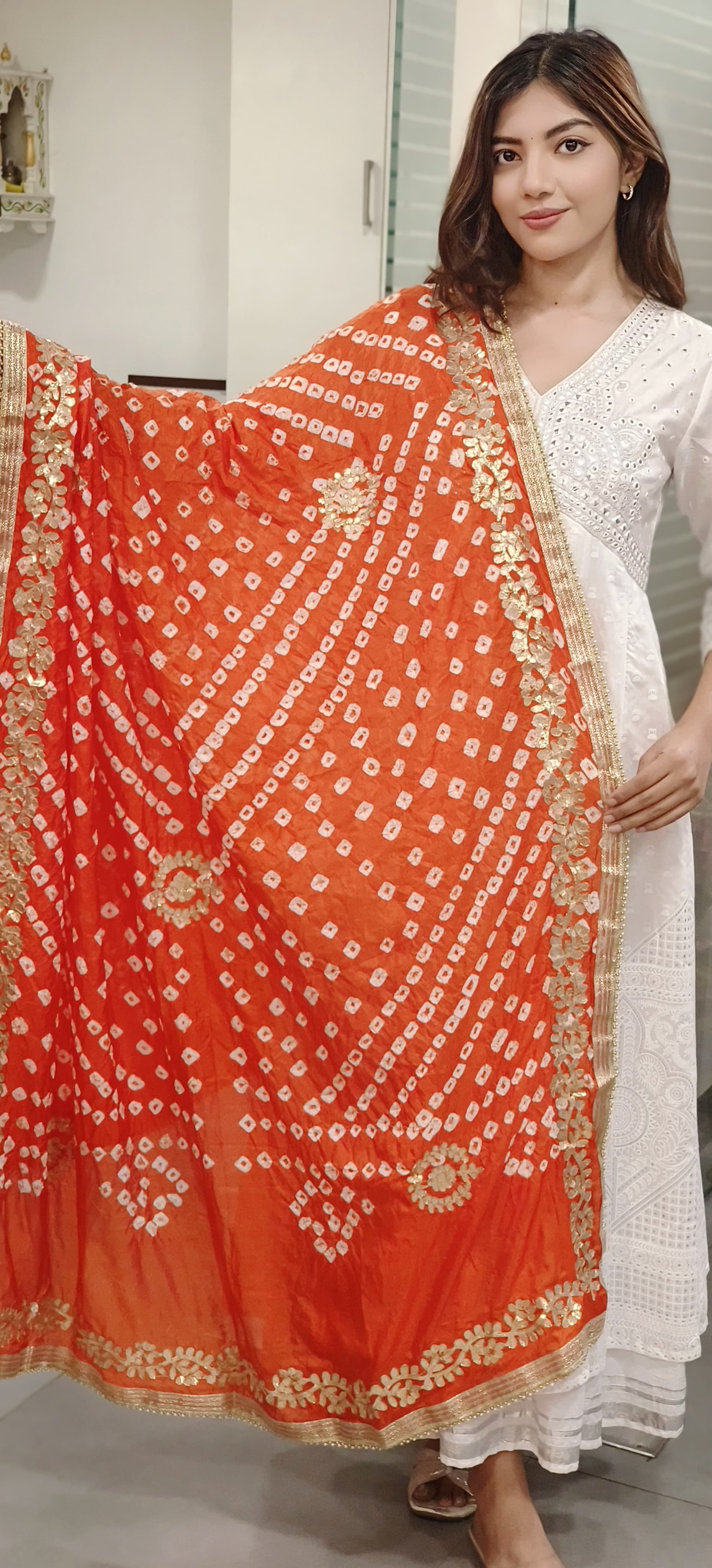 Muslin Silk Bandhani Printed Beautiful Gotta Work Border Dupatta Only Dispatching after 10 Days