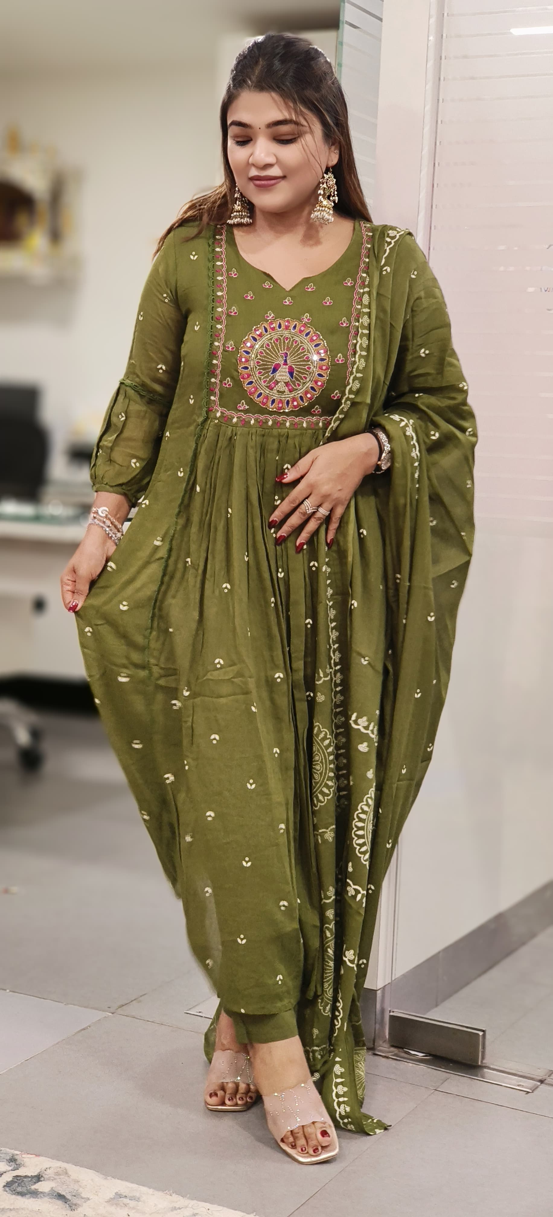 Foil Mirror Pea-Cock Front Embroidered A-Line Kurta With Bottom & Dupatta In Mul Cotton Fabric