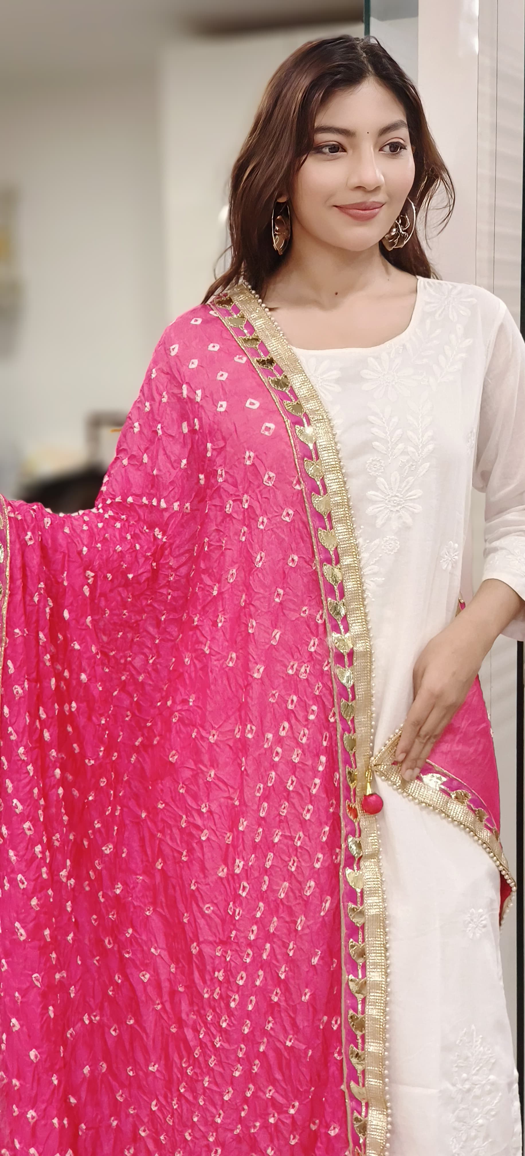 Muslin Silk Bandhani Printed Gotta Work Border Dupatta Only Dispatching After 10 Days