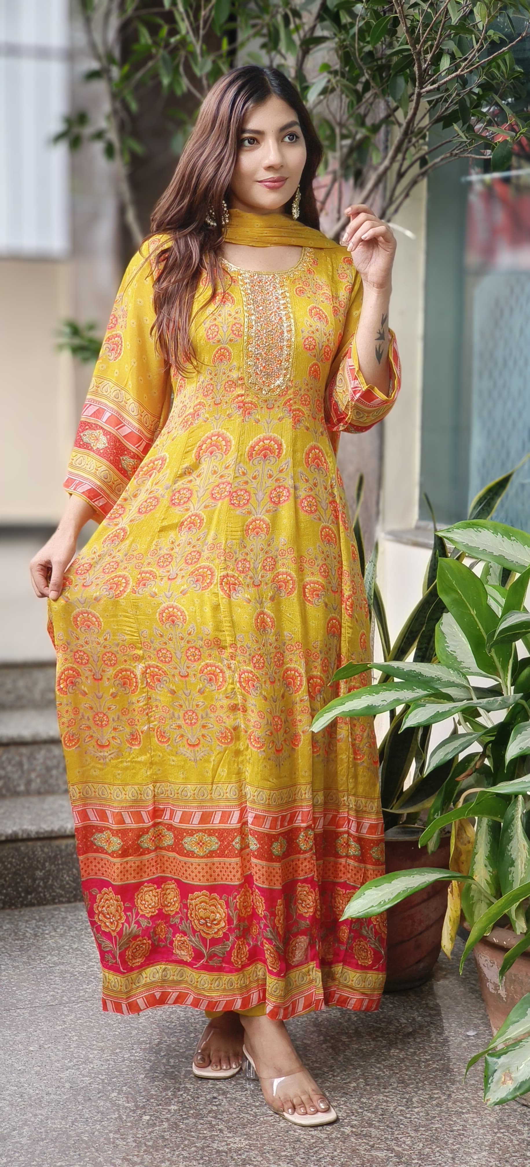 Mustard Elegance Panel Anarkali Full Suit Set With Dupatta- 10323