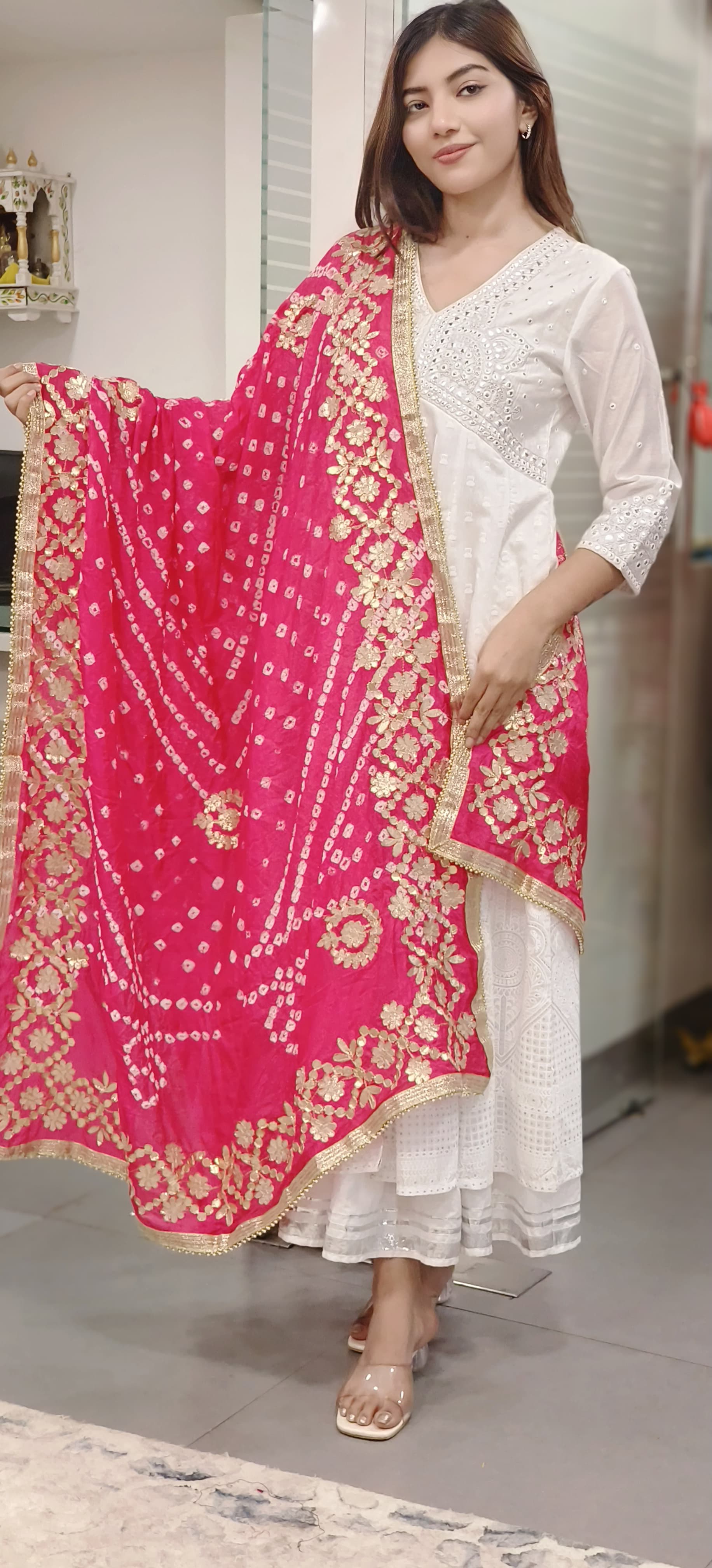 Muslin Silk Bandhani Printed Beautiful Gotta Work Border Dupatta Only Dispatching after 10 Days