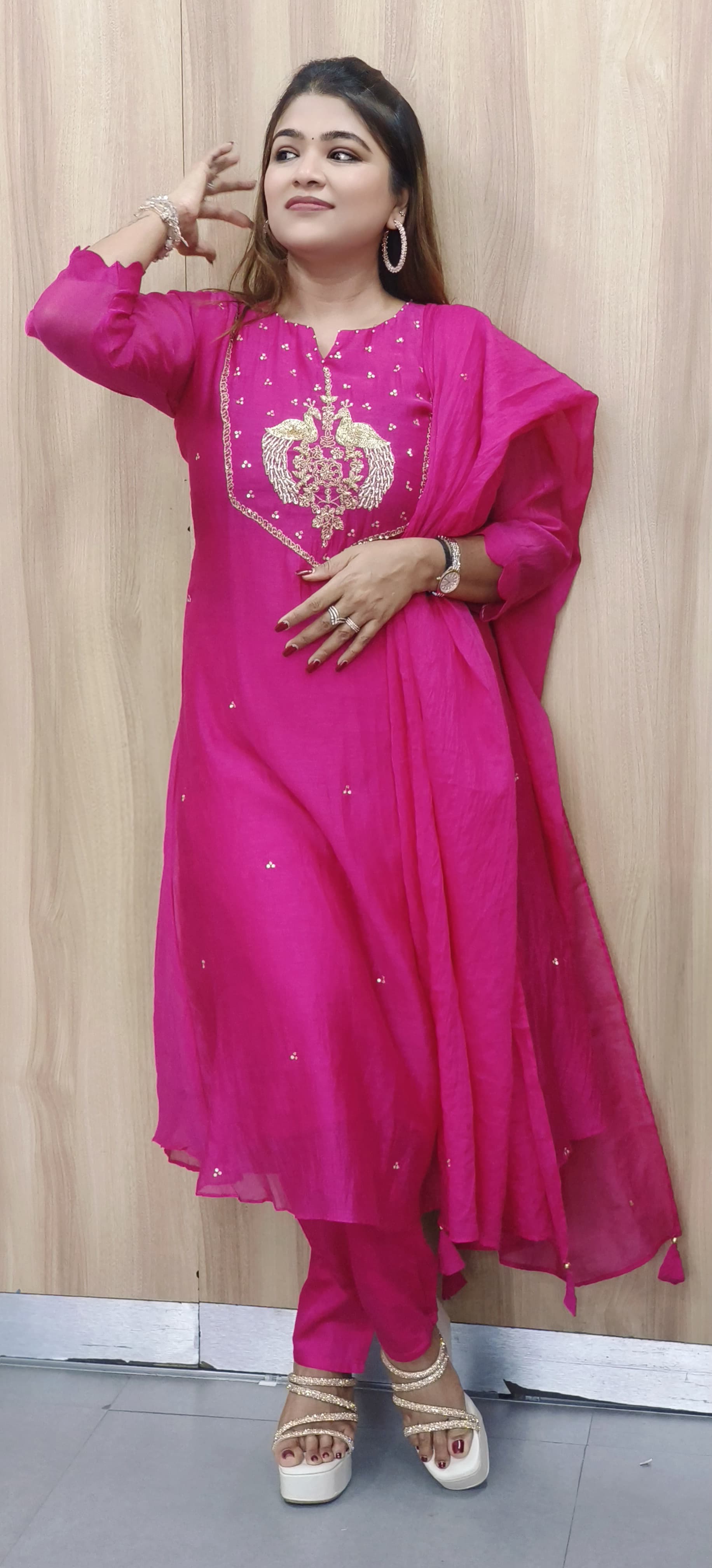 Bird Handwork A-Line Full Suit With Dupatta In Mul Chanderi Fabric- 10335