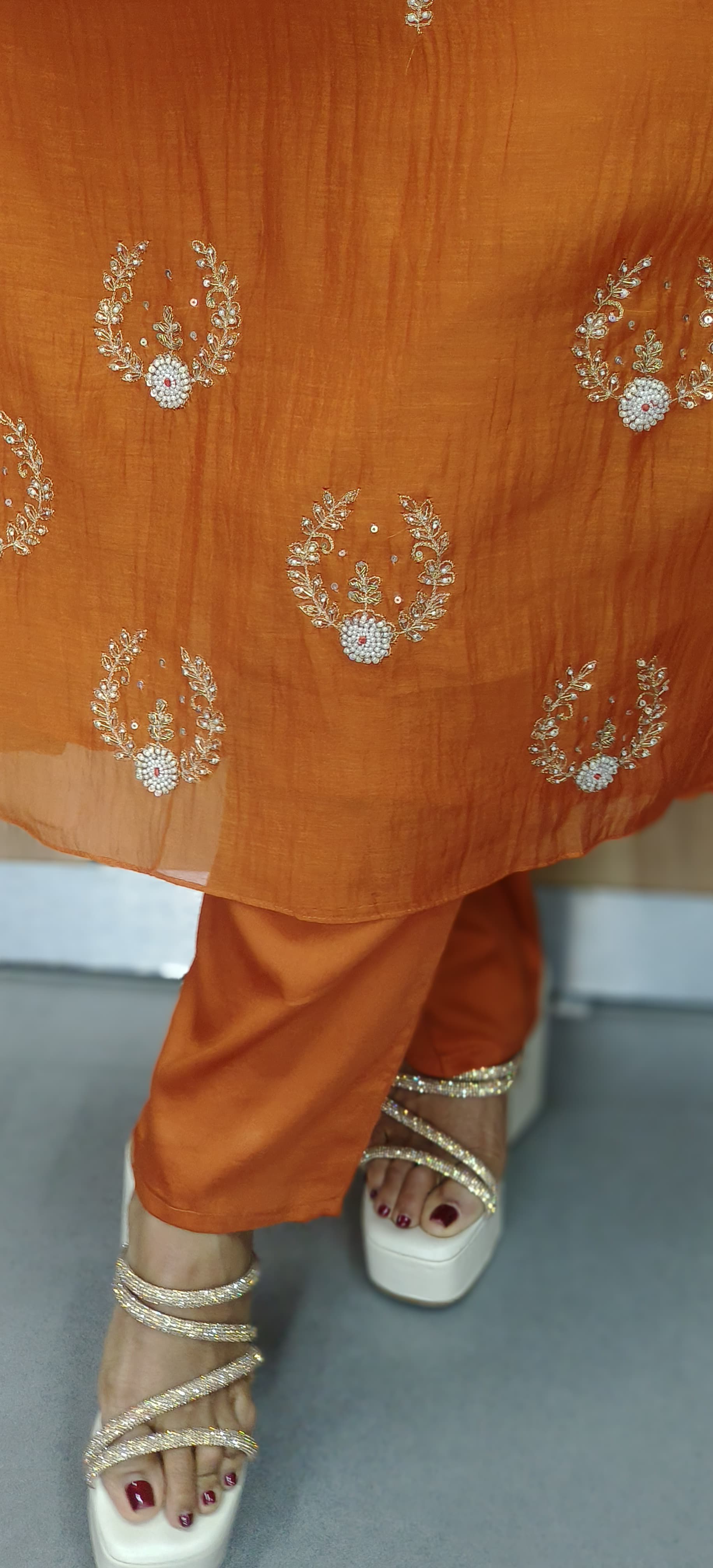Solid Shade Minimal Handwork Mul Chanderi A-Line Full Suit Set With Dupatta