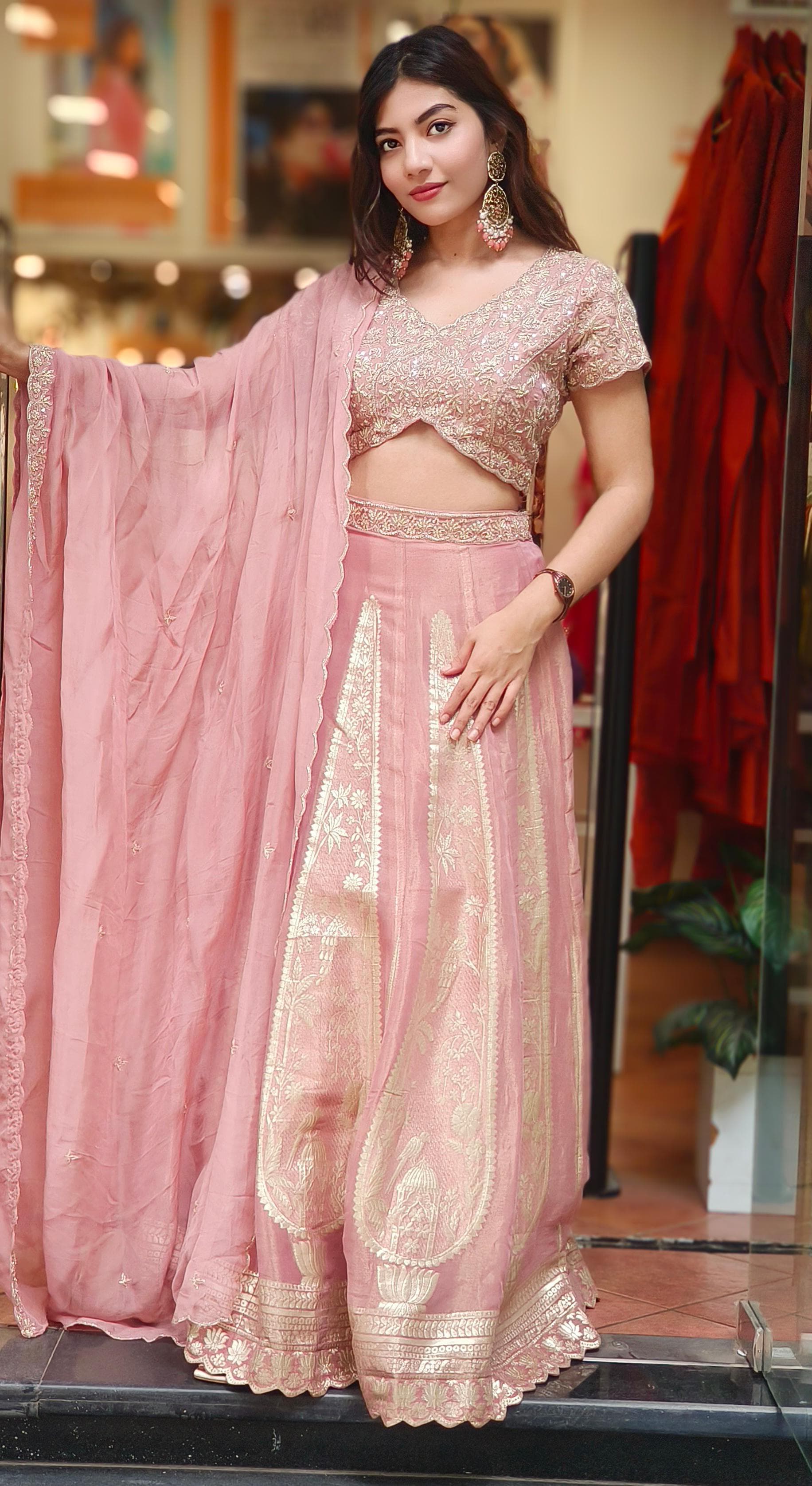 Designer Brocade Handwork Blouse With Panel Banarasi Lehenga & Organza Dupatta