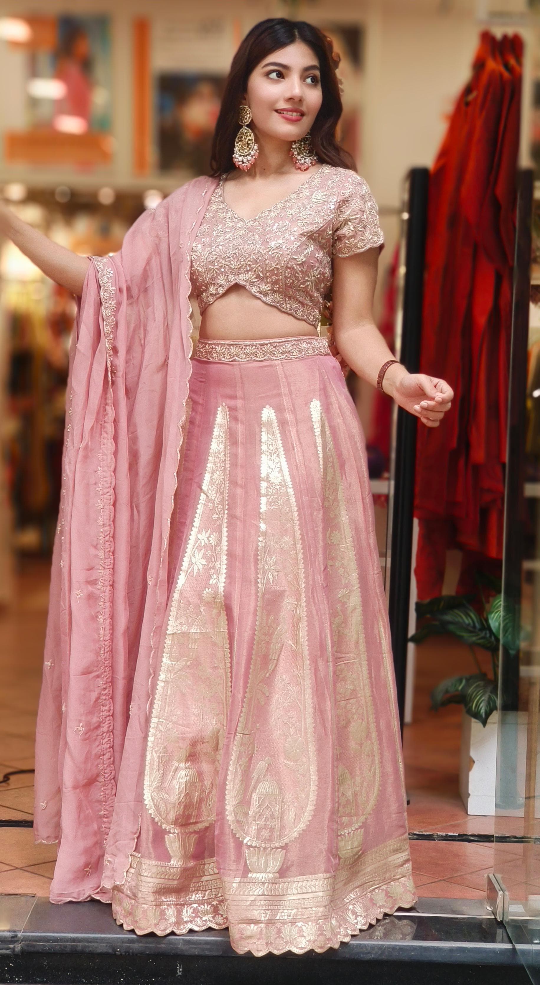 Designer Brocade Handwork Blouse With Panel Banarasi Lehenga & Organza Dupatta