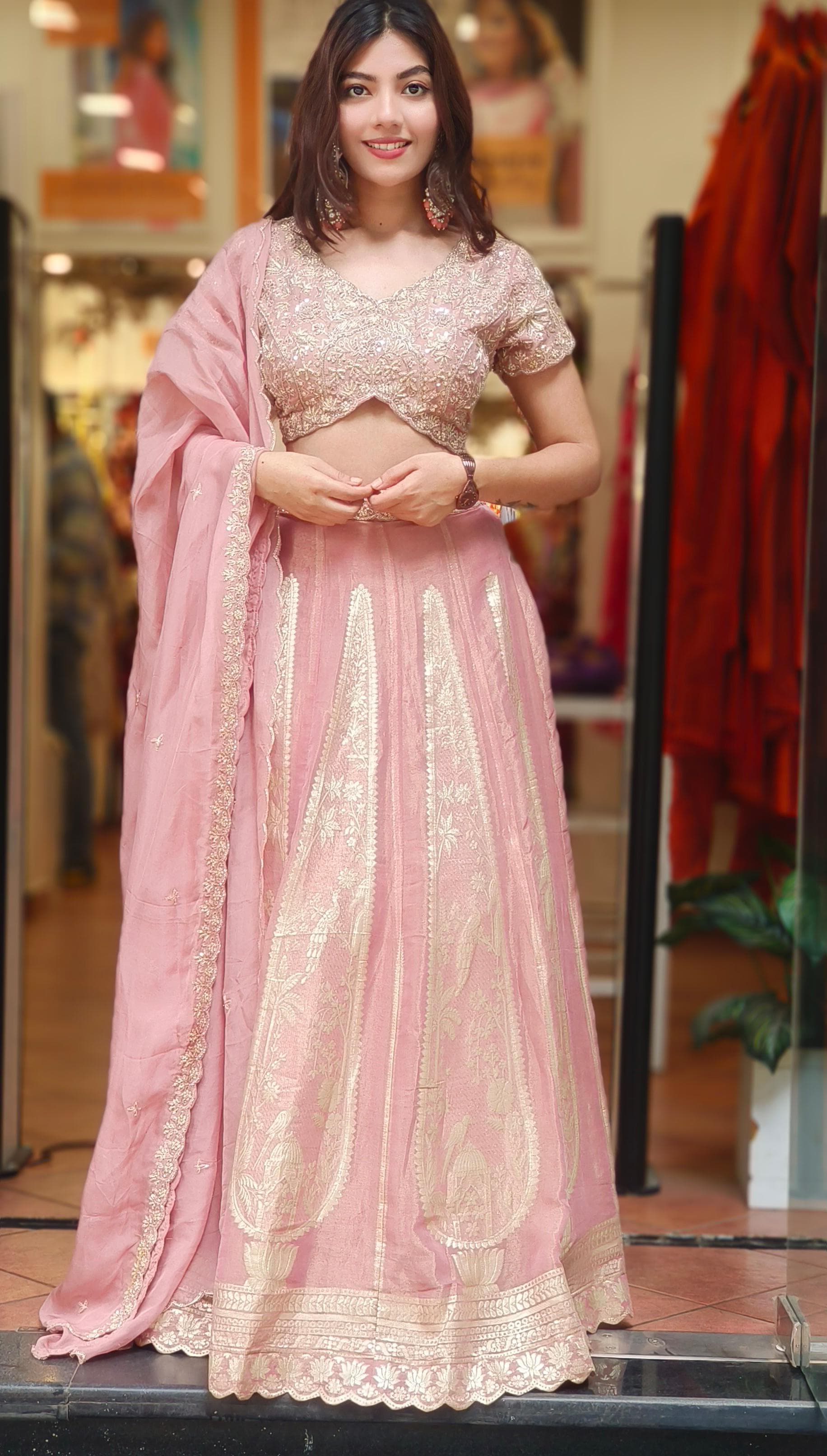 Designer Brocade Handwork Blouse With Panel Banarasi Lehenga & Organza Dupatta