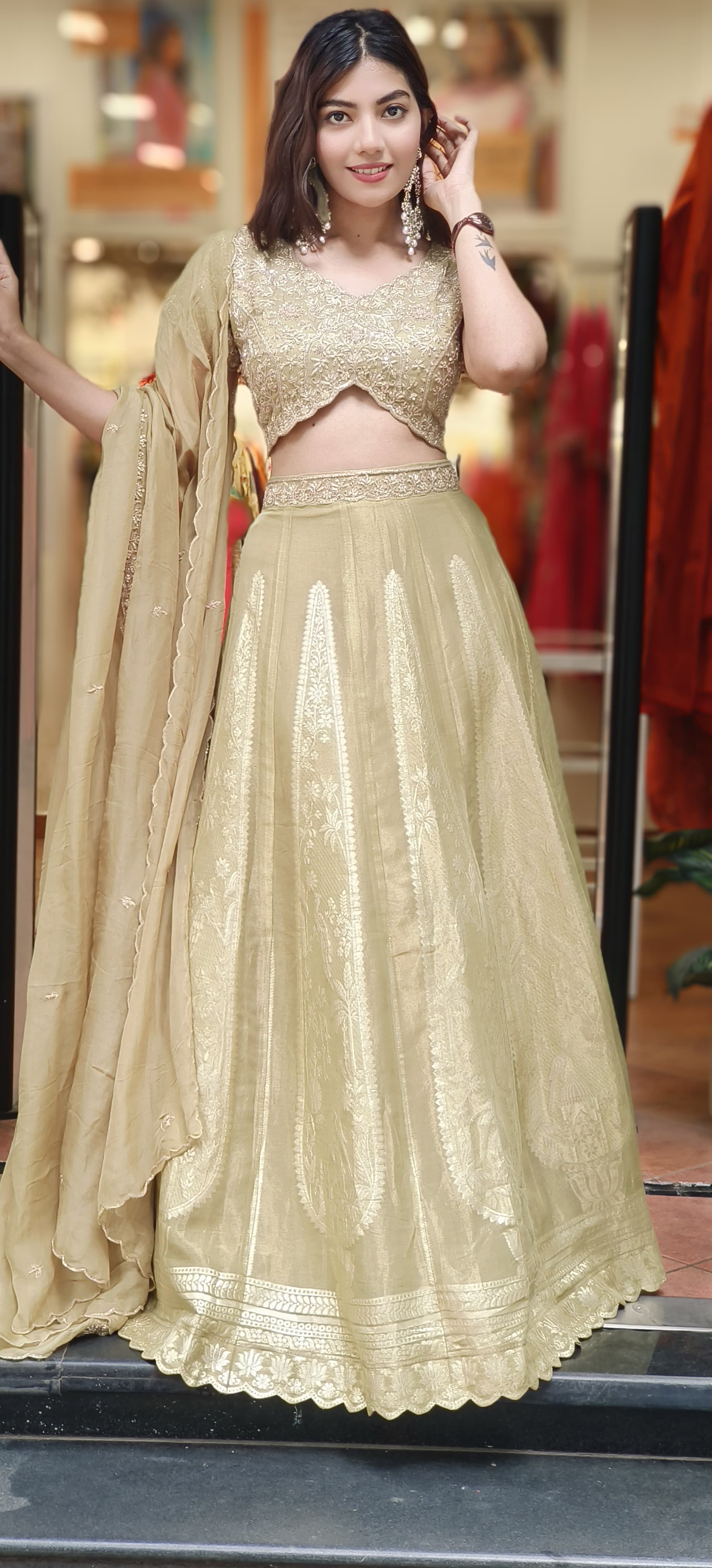 Designer Brocade Handwork Blouse With Panel Banarasi Lehenga & Organza Dupatta
