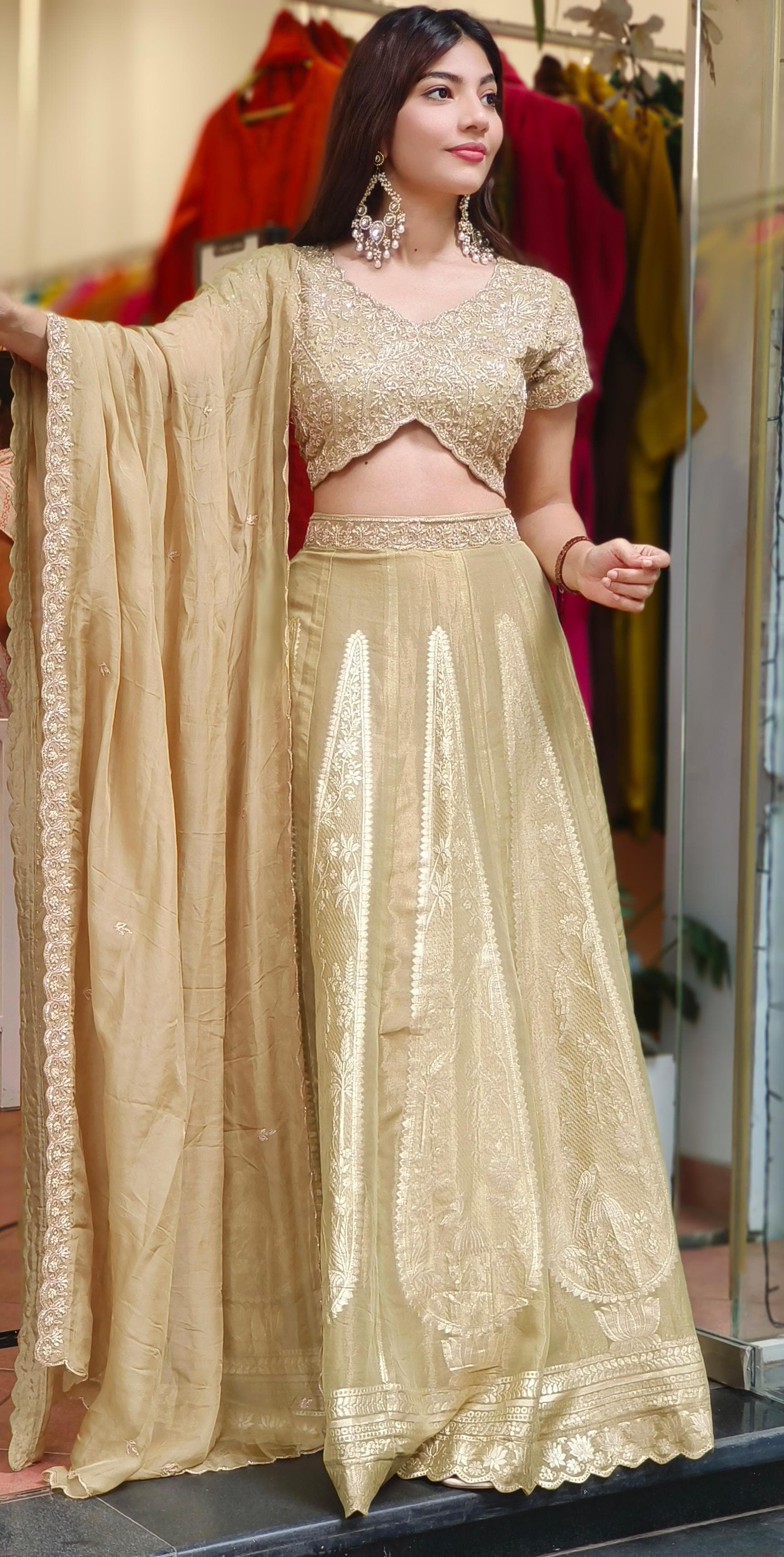 Designer Brocade Handwork Blouse With Panel Banarasi Lehenga & Organza Dupatta