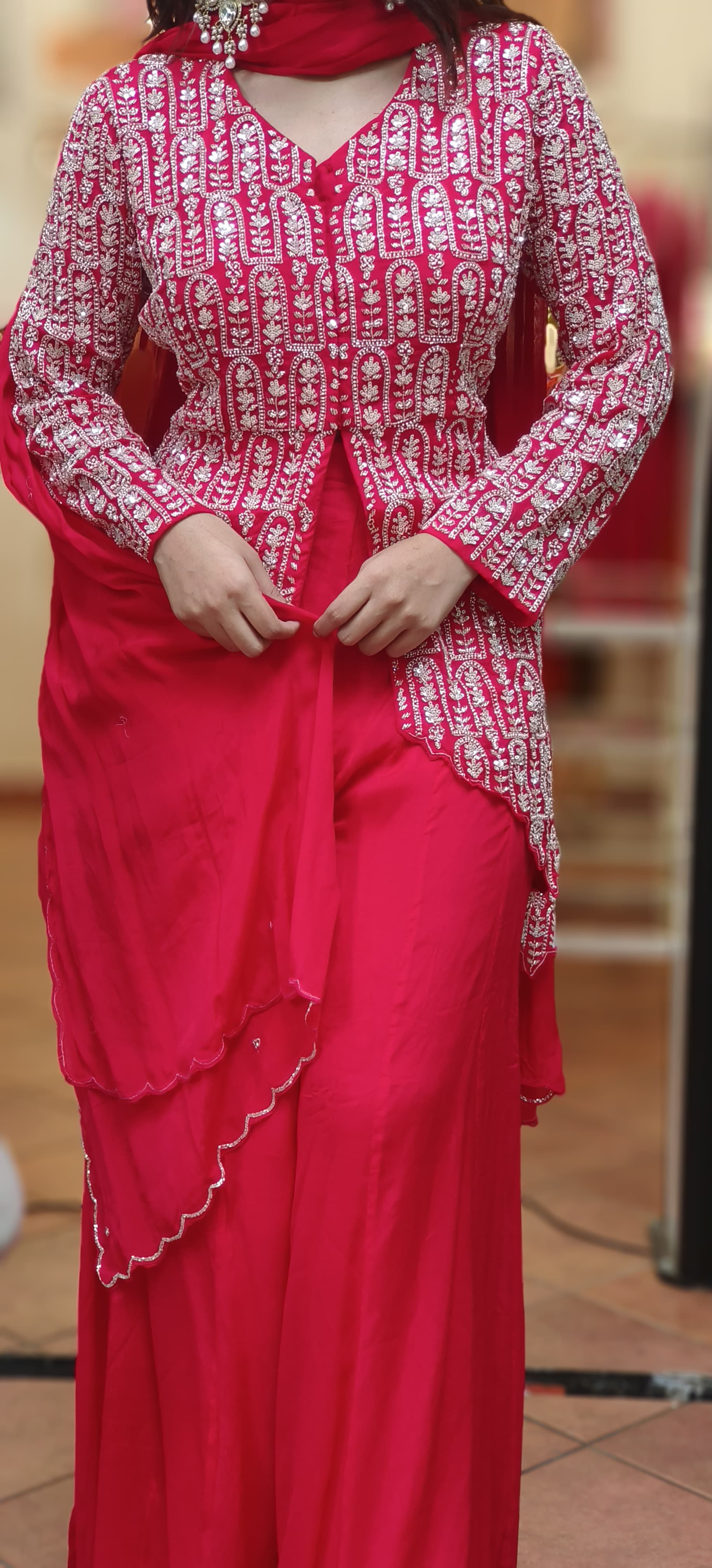 Stylish Overloaded Handwork Front V-Cut Buster Kurta With Loose Palazzo Pant & Dupatta In Chinon Fabric