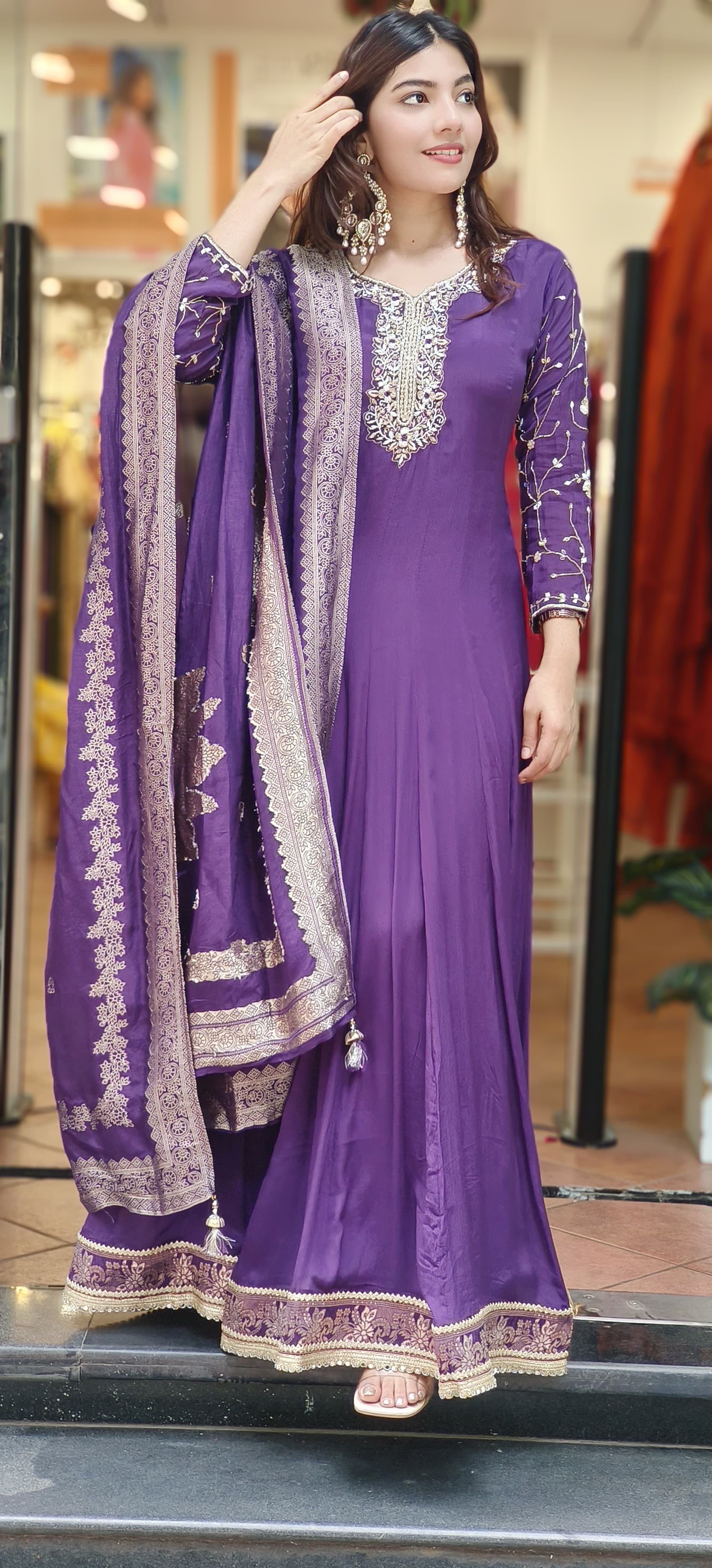 Beautiful Cut Dane & Thread Embroidery Panel Anarkali Gown With Dupatta In Chinon Fabric 10332,10331