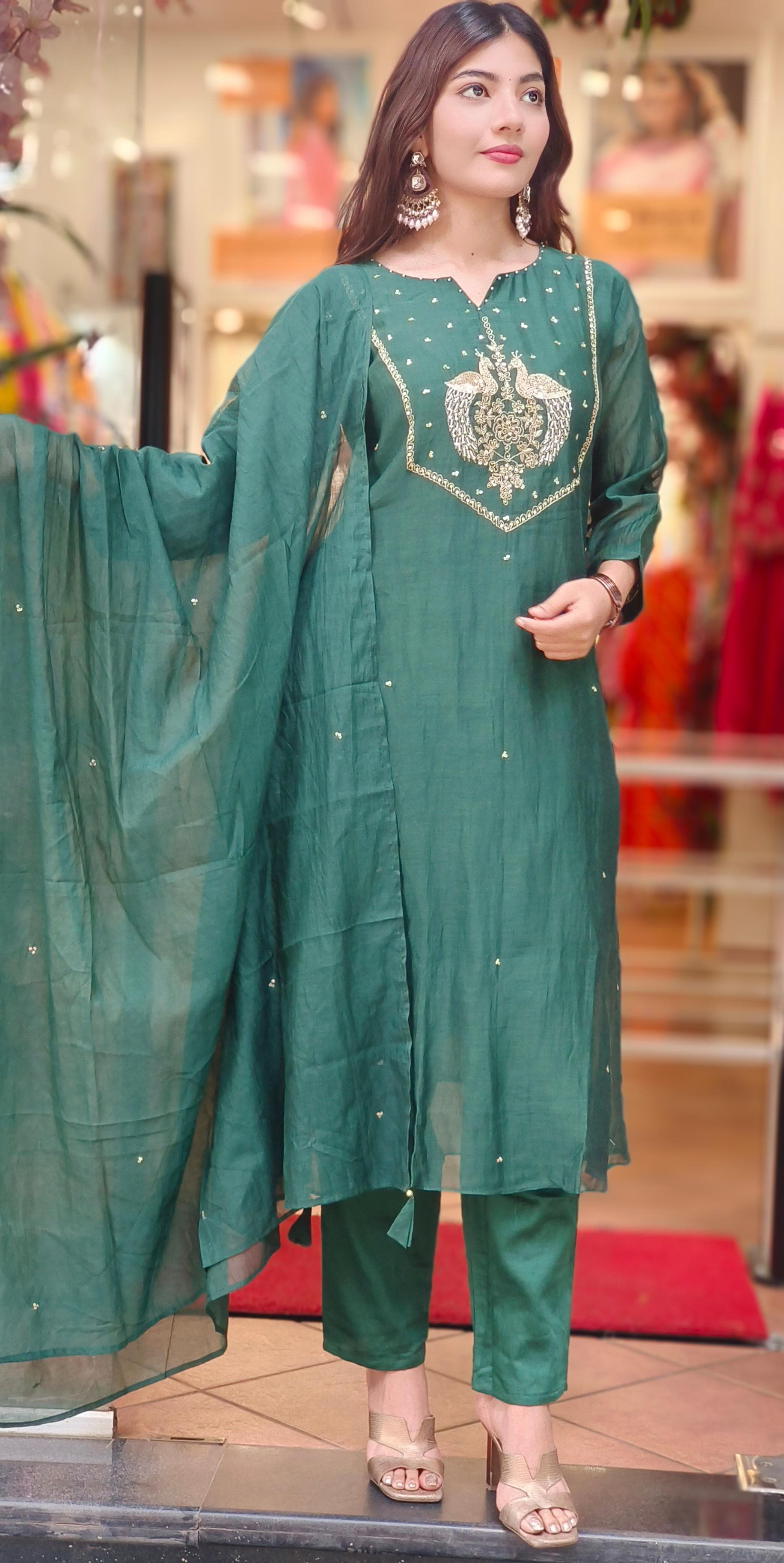 Bird Handwork A-Line Full Suit With Dupatta In Mul Chanderi Fabric- 10335