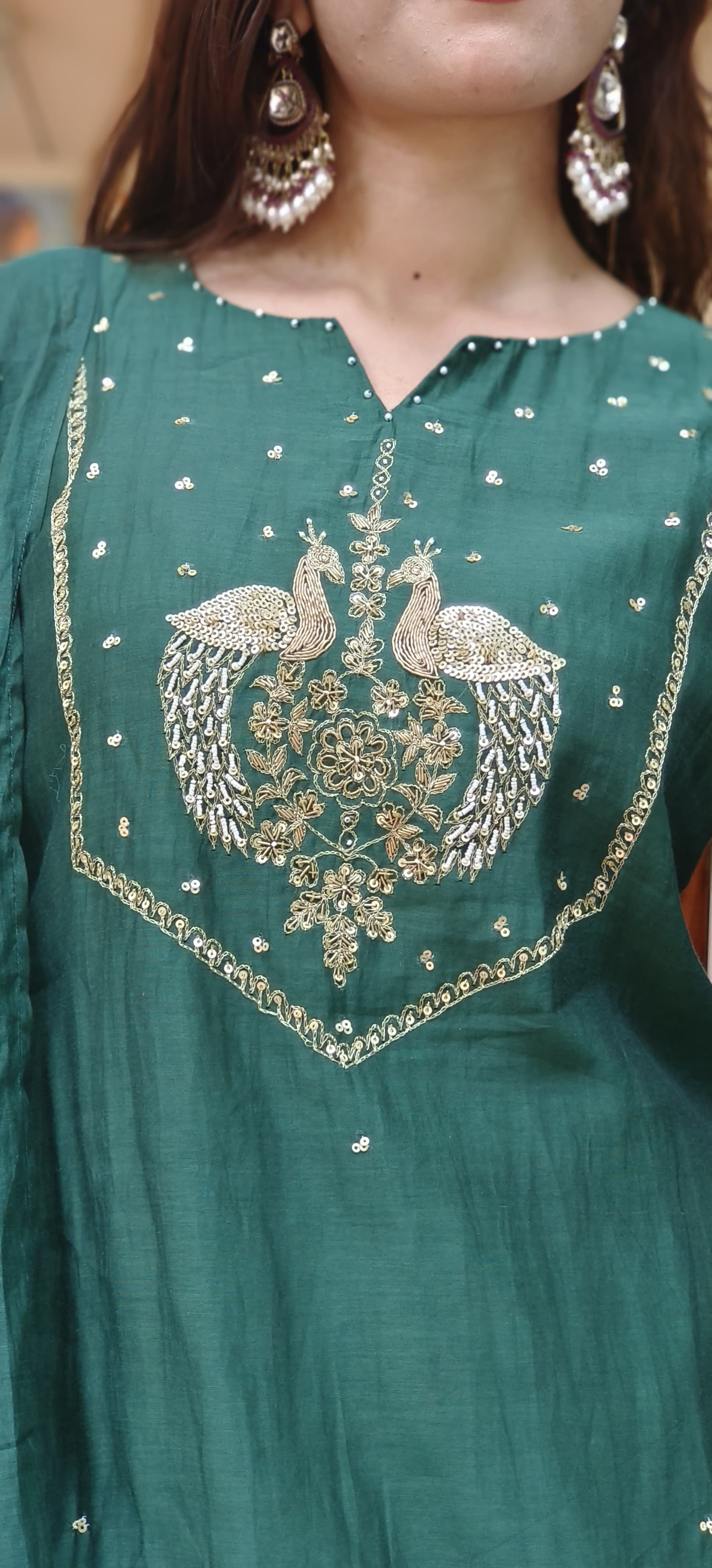 Bird Handwork A-Line Full Suit With Dupatta In Mul Chanderi Fabric- 10335