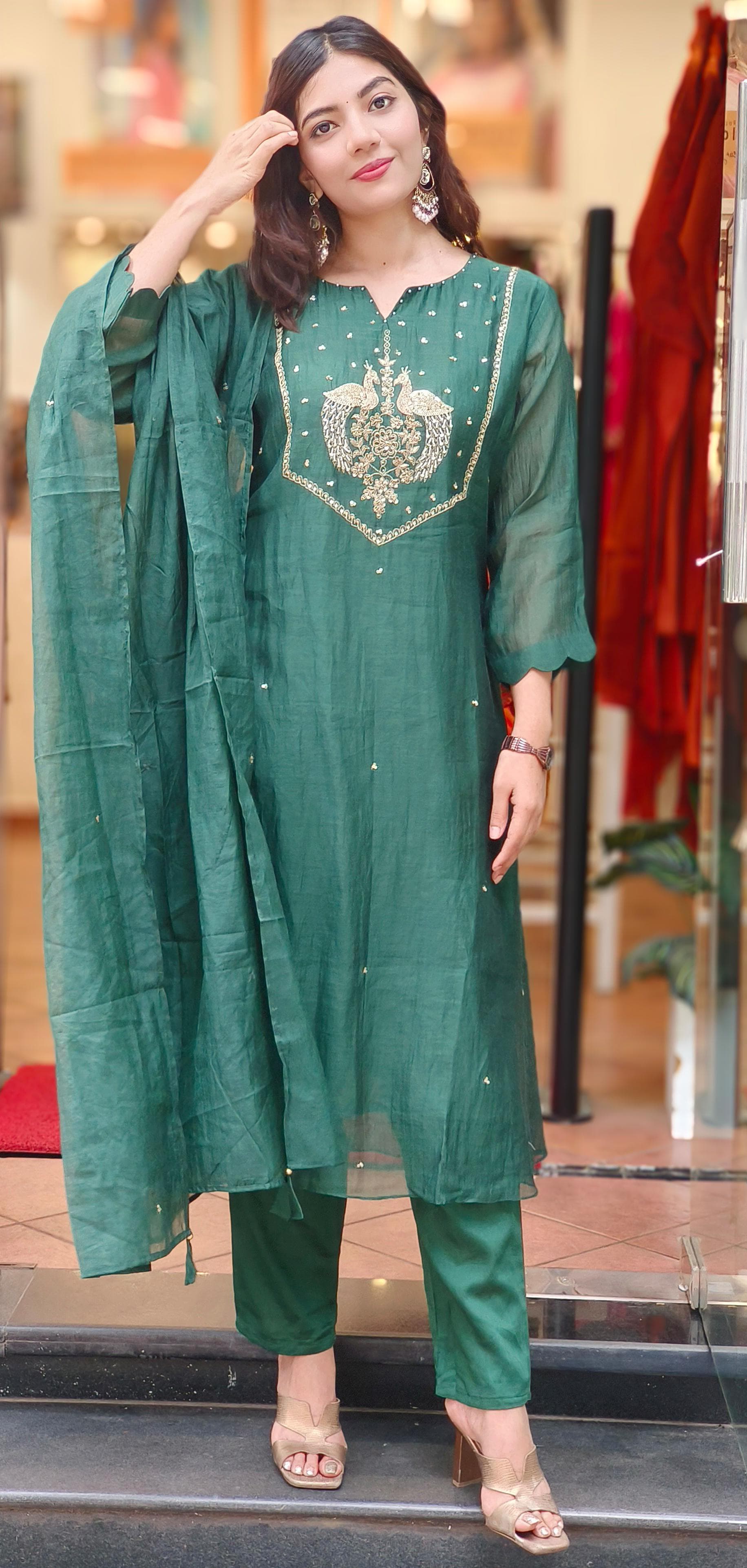 Bird Handwork A-Line Full Suit With Dupatta In Mul Chanderi Fabric- 10335