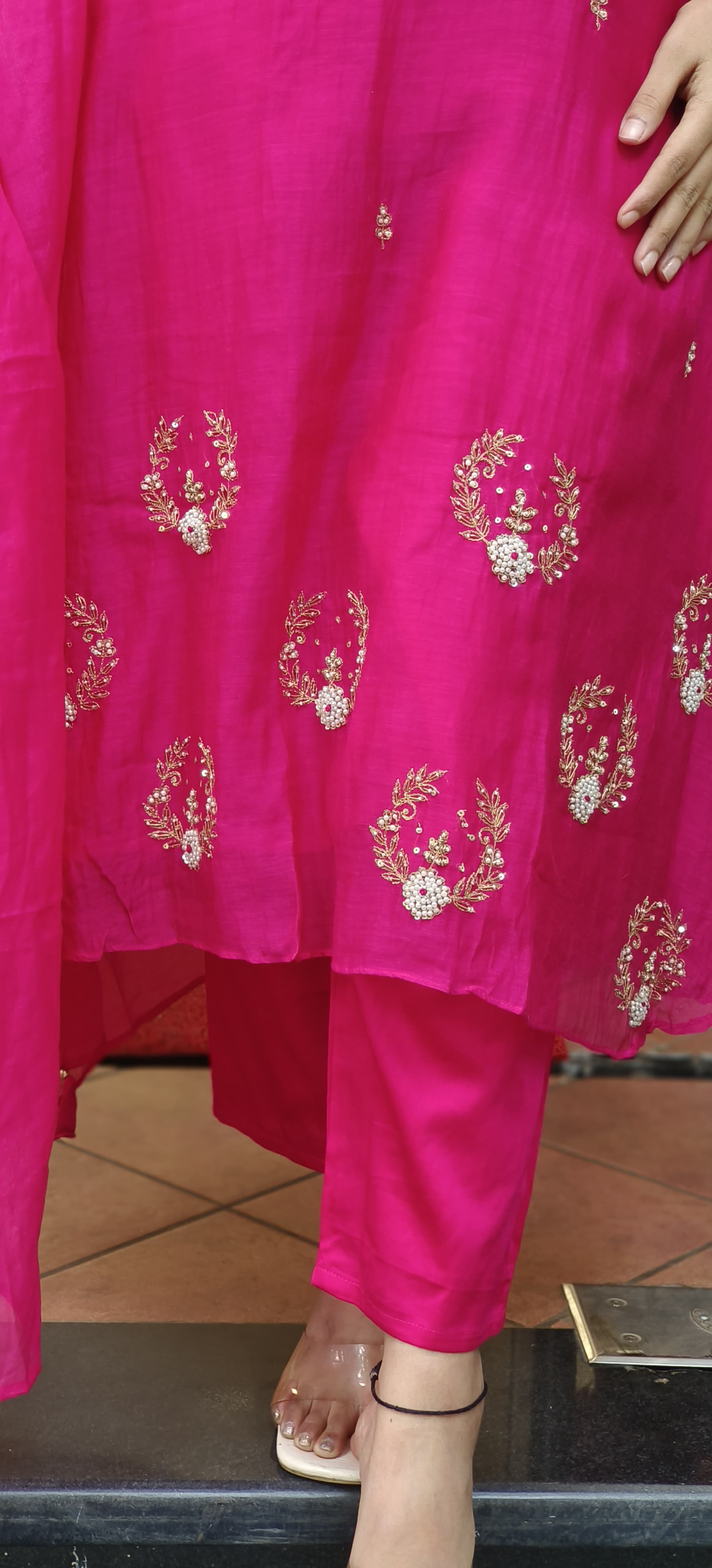 Solid Shade Minimal Handwork Mul Chanderi A-Line Full Suit Set With Dupatta