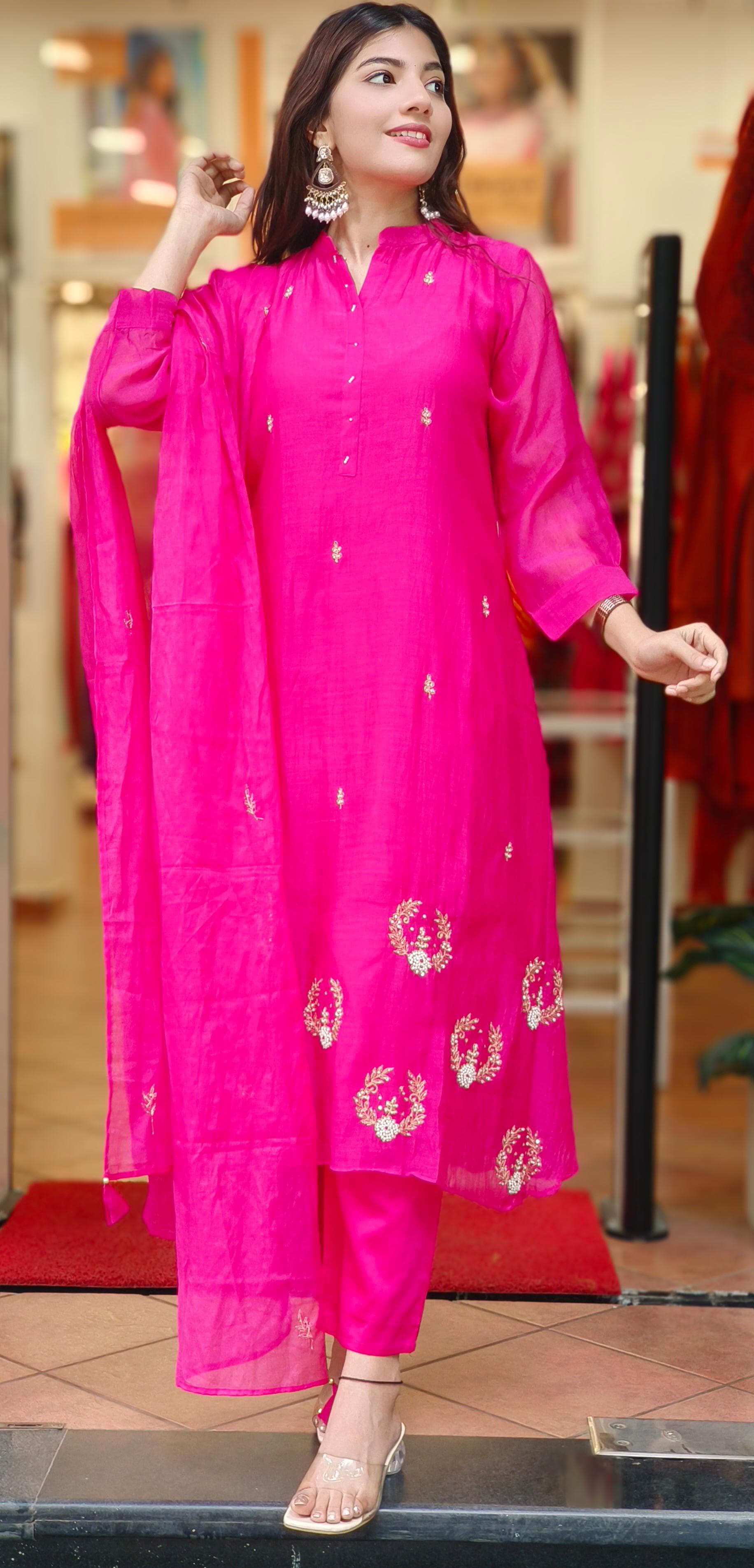 Solid Shade Minimal Handwork Mul Chanderi A-Line Full Suit Set With Dupatta