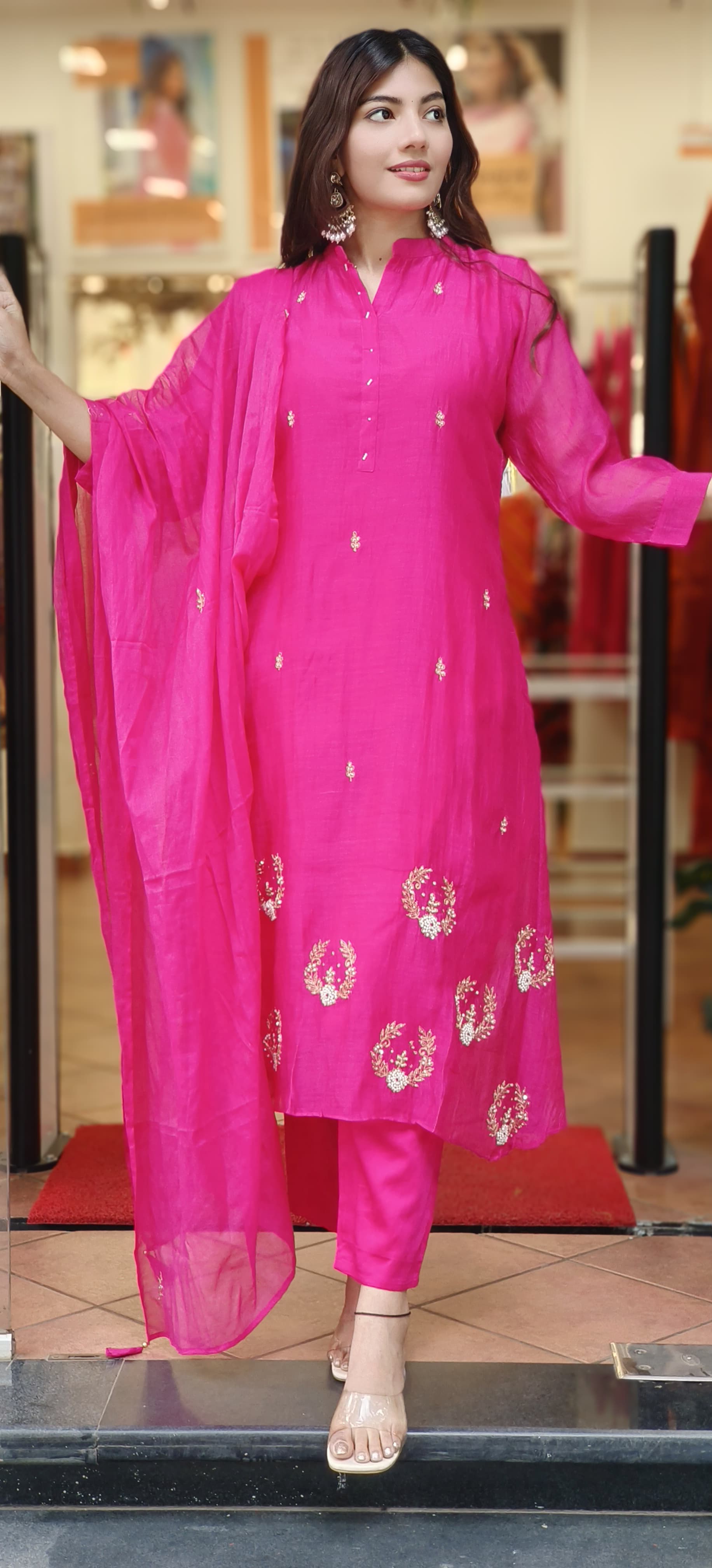 Solid Shade Minimal Handwork Mul Chanderi A-Line Full Suit Set With Dupatta