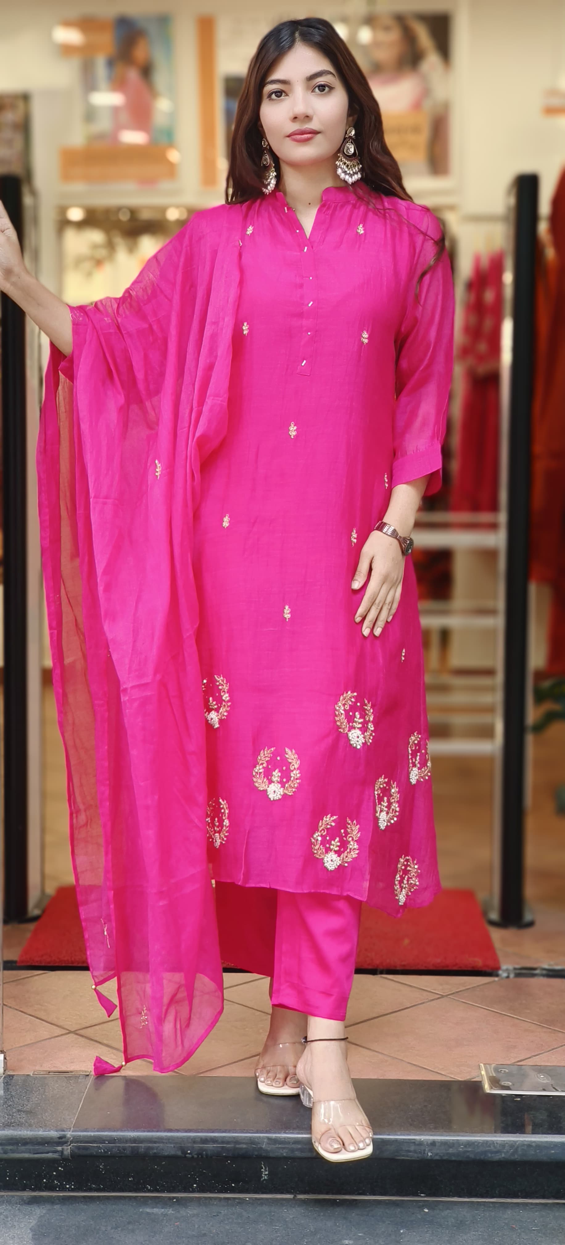 Solid Shade Minimal Handwork Mul Chanderi A-Line Full Suit Set With Dupatta