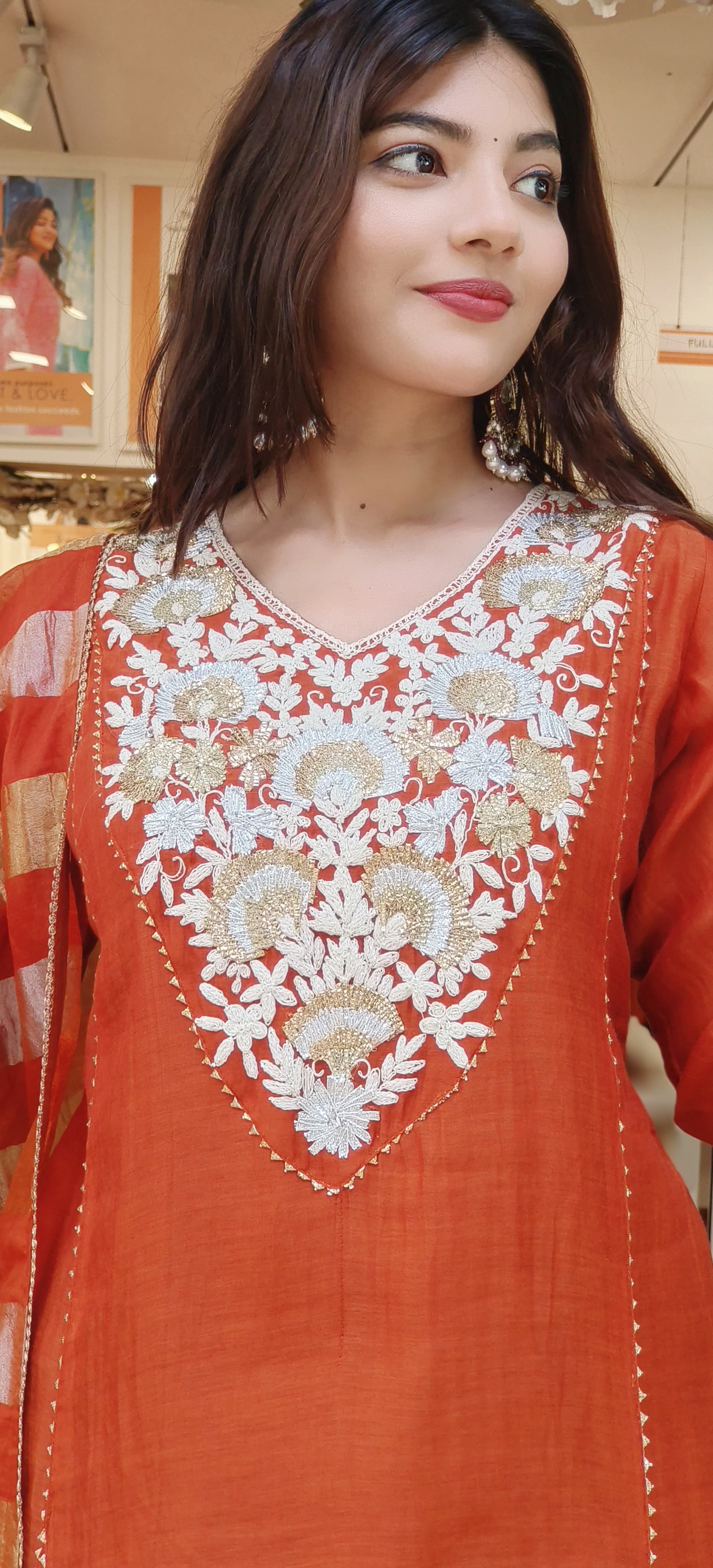 Floral Embroidery Front Work A Line Full Suit With Dupatta In Mul Chanderi Fabric- 10171