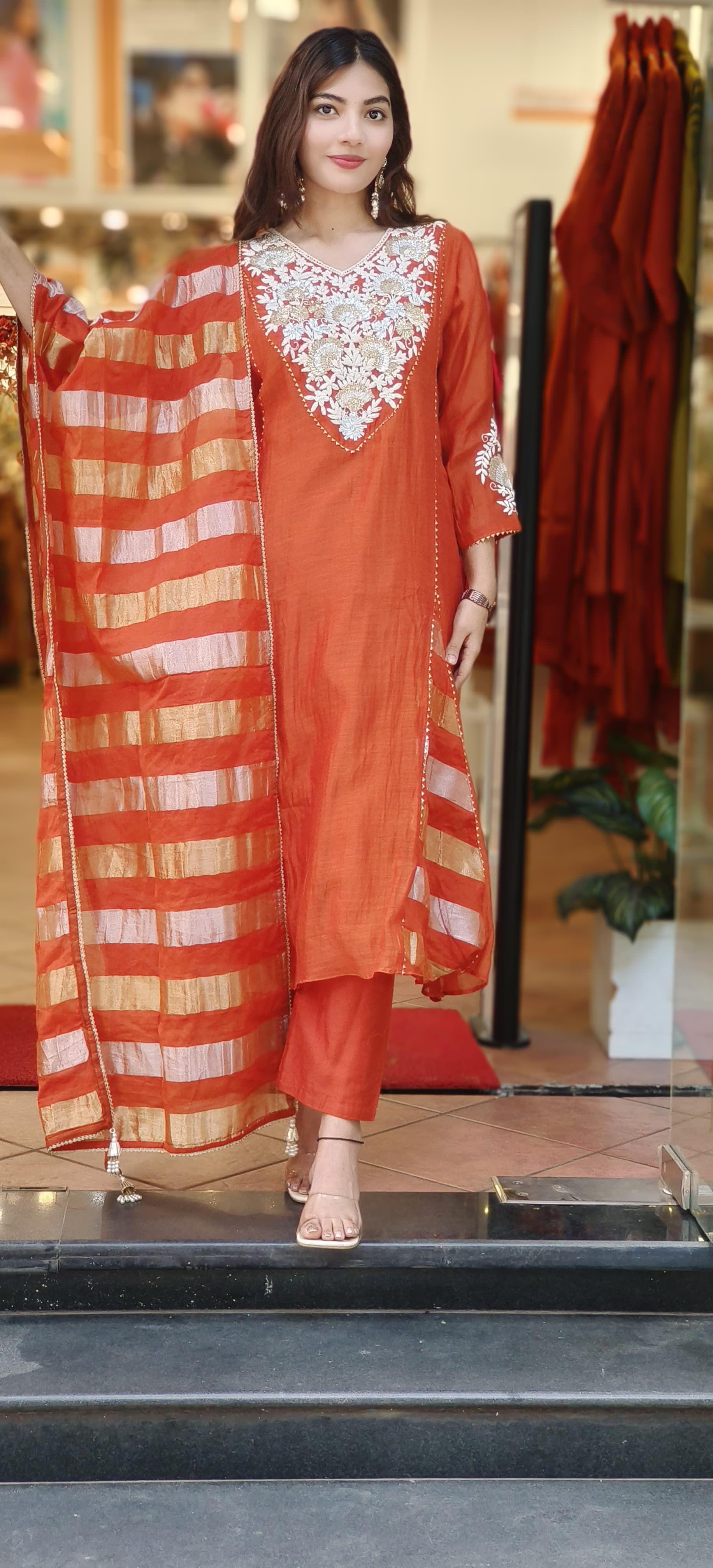 Floral Embroidery Front Work A Line Full Suit With Dupatta In Mul Chanderi Fabric- 10171