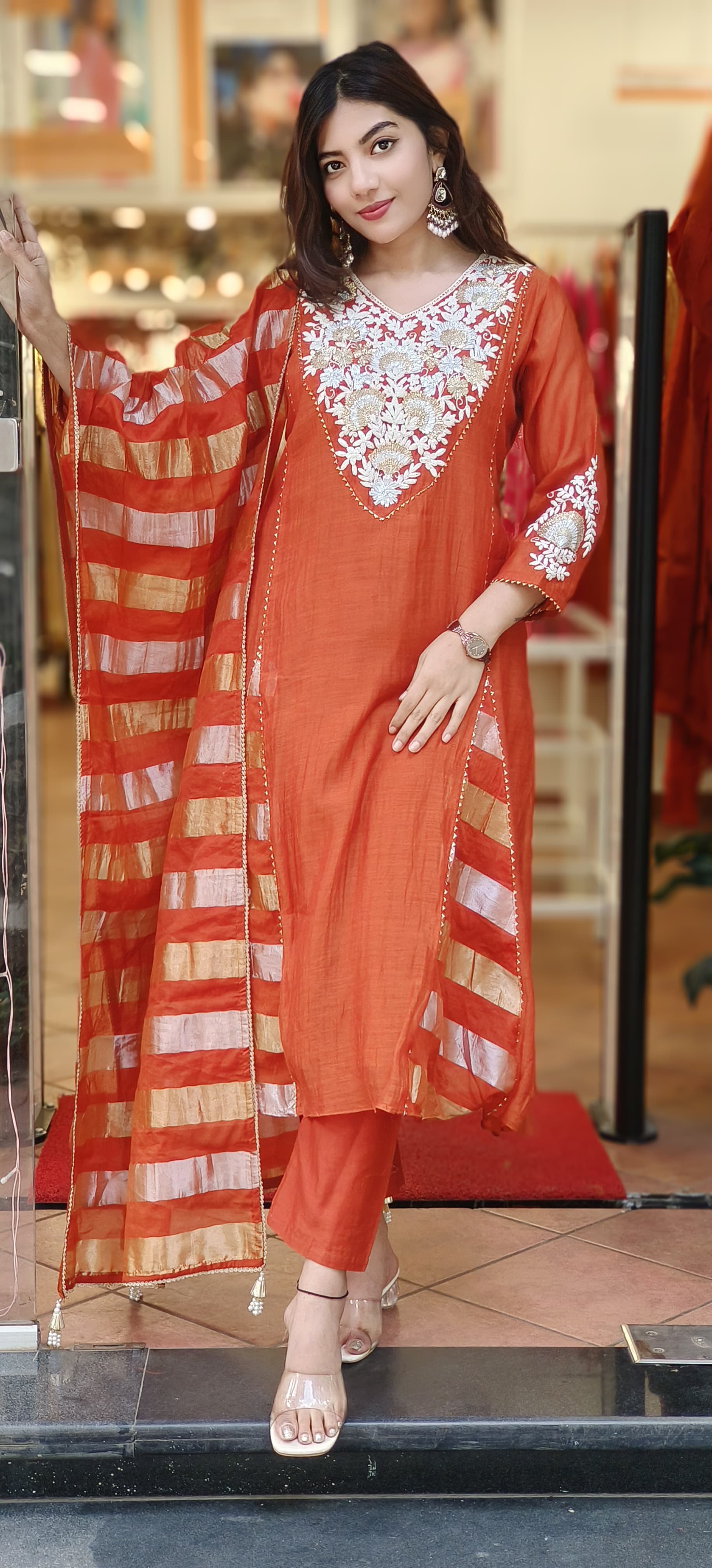Floral Embroidery Front Work A Line Full Suit With Dupatta In Mul Chanderi Fabric- 10171