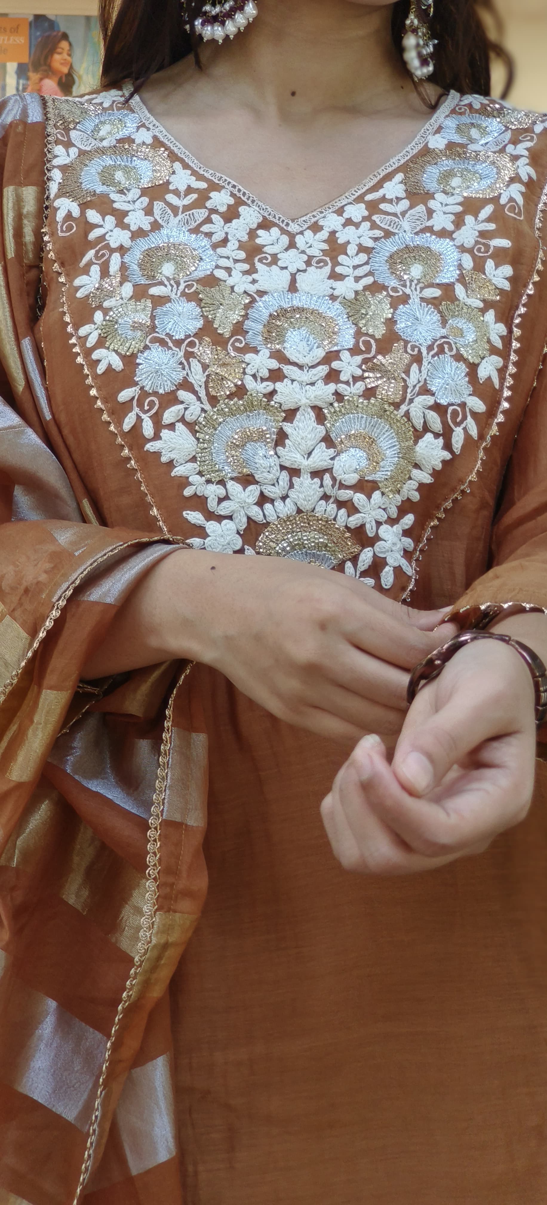Floral Embroidery Front Work A Line Full Suit With Dupatta In Mul Chanderi Fabric- 10171