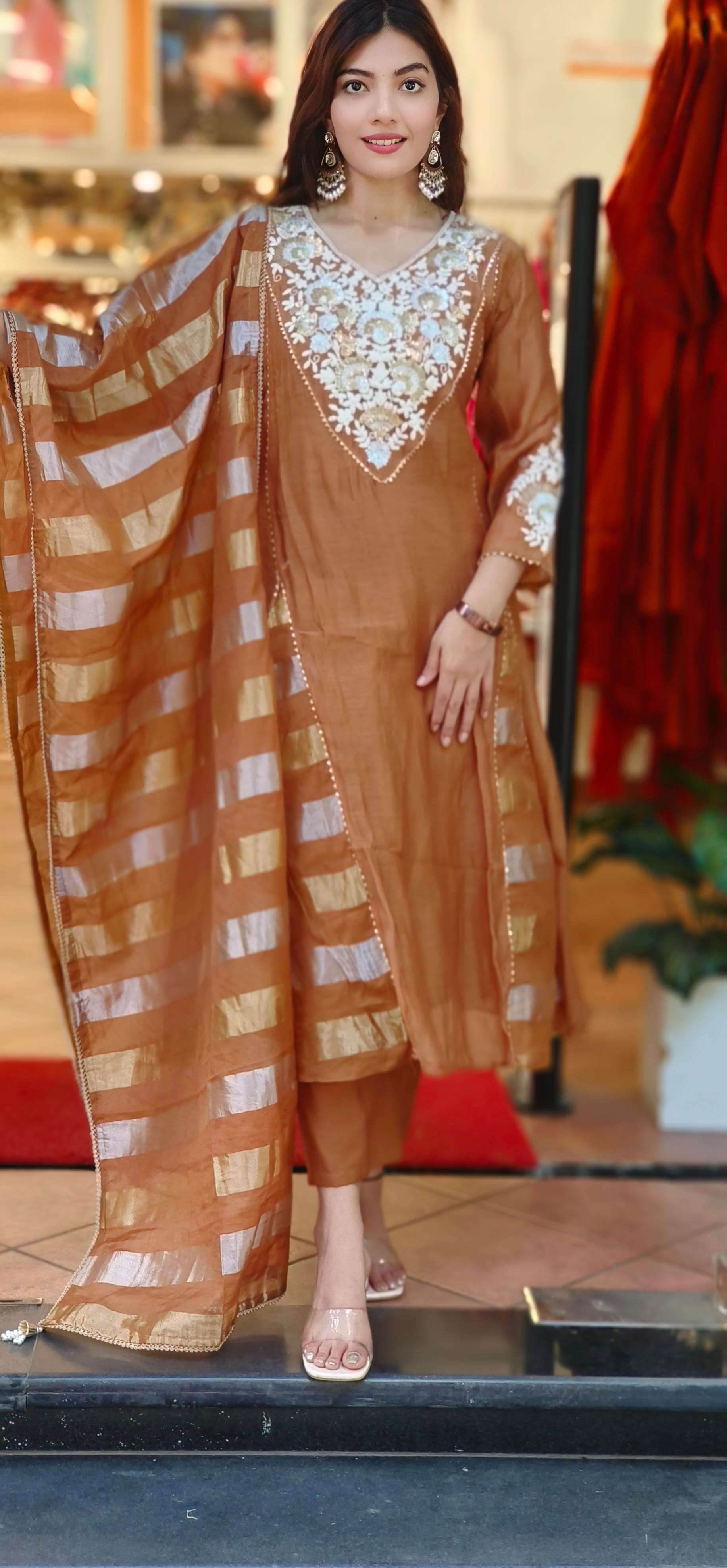 Floral Embroidery Front Work A Line Full Suit With Dupatta In Mul Chanderi Fabric- 10171