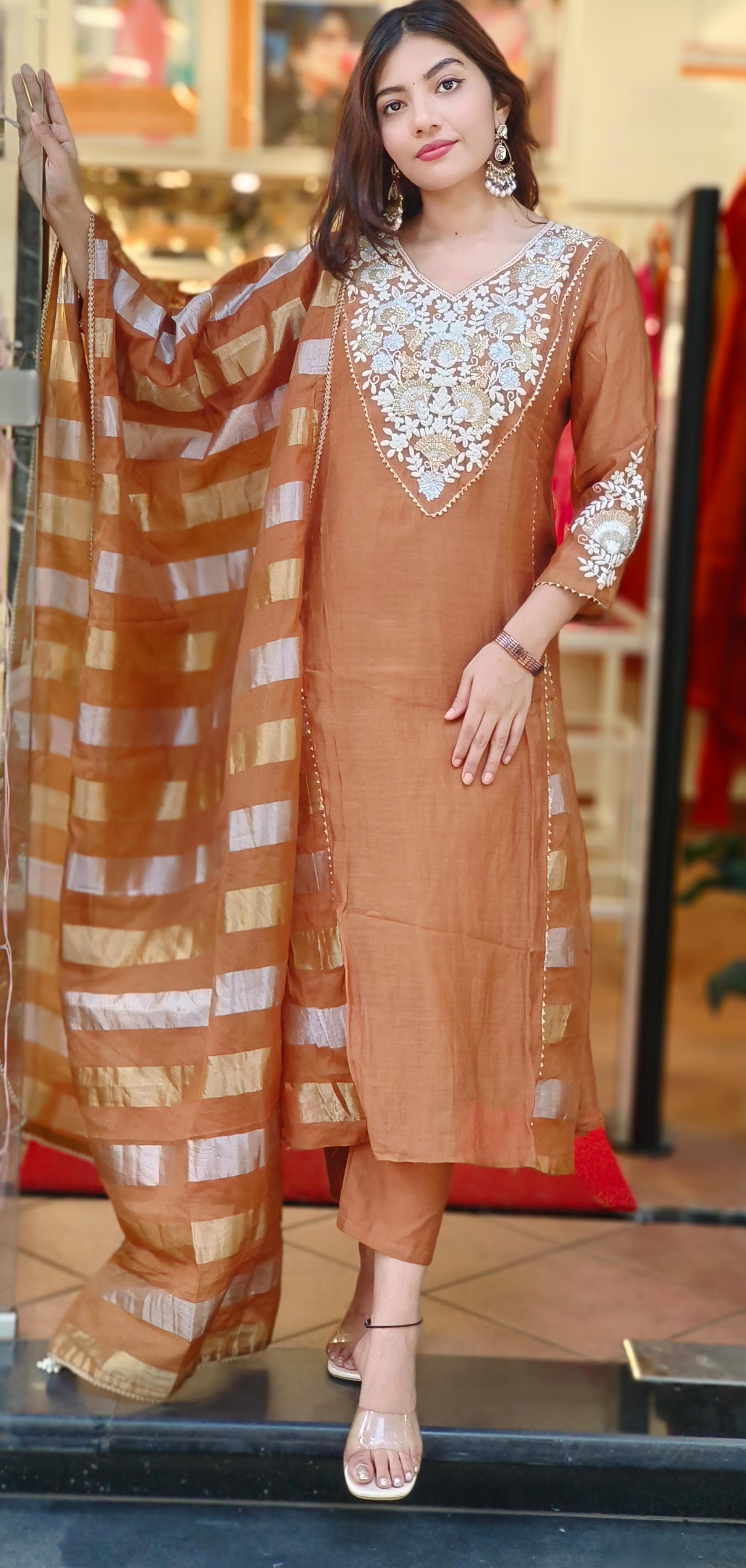 Floral Embroidery Front Work A Line Full Suit With Dupatta In Mul Chanderi Fabric- 10171