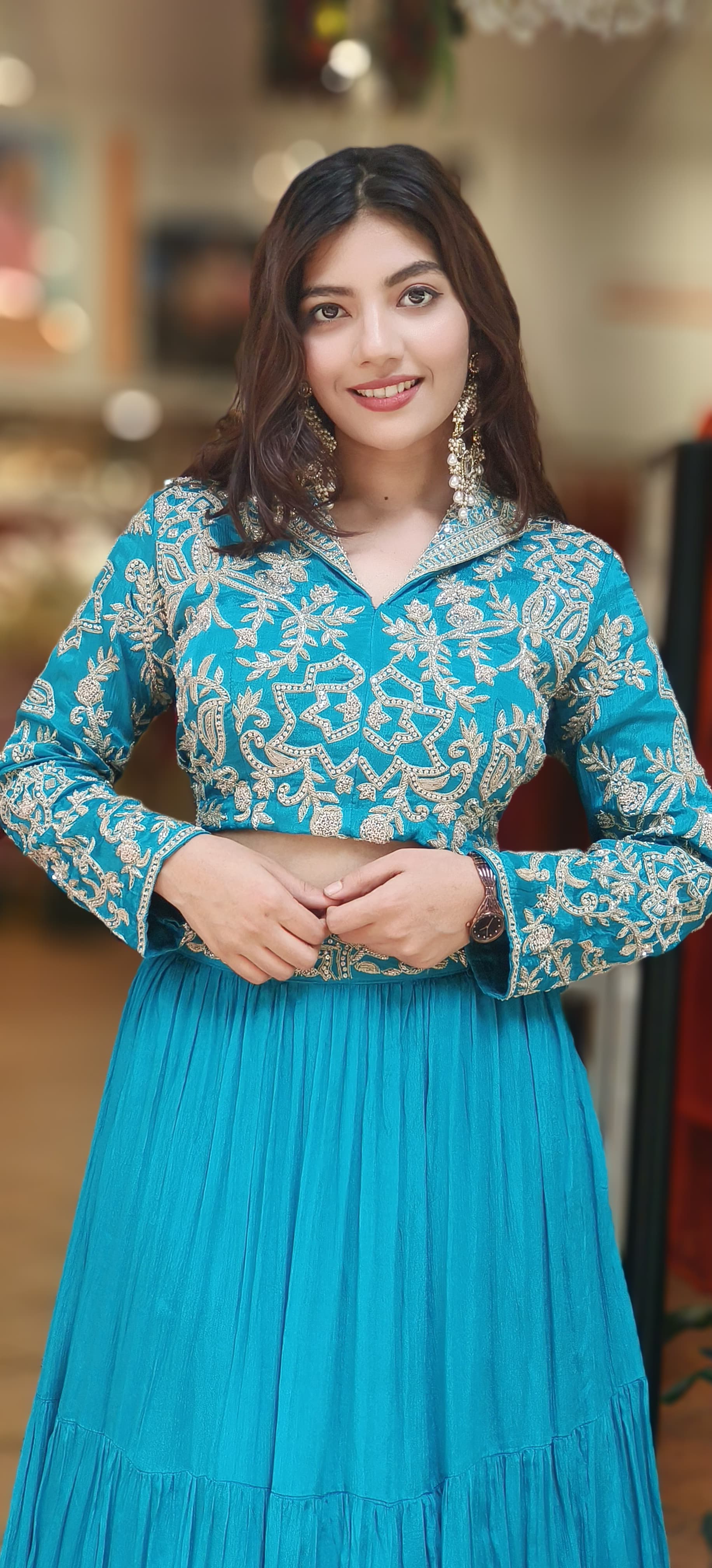 Designer Heavy Handwork Koti Collared Crop-Top With Skirt Cane-Cane Inside