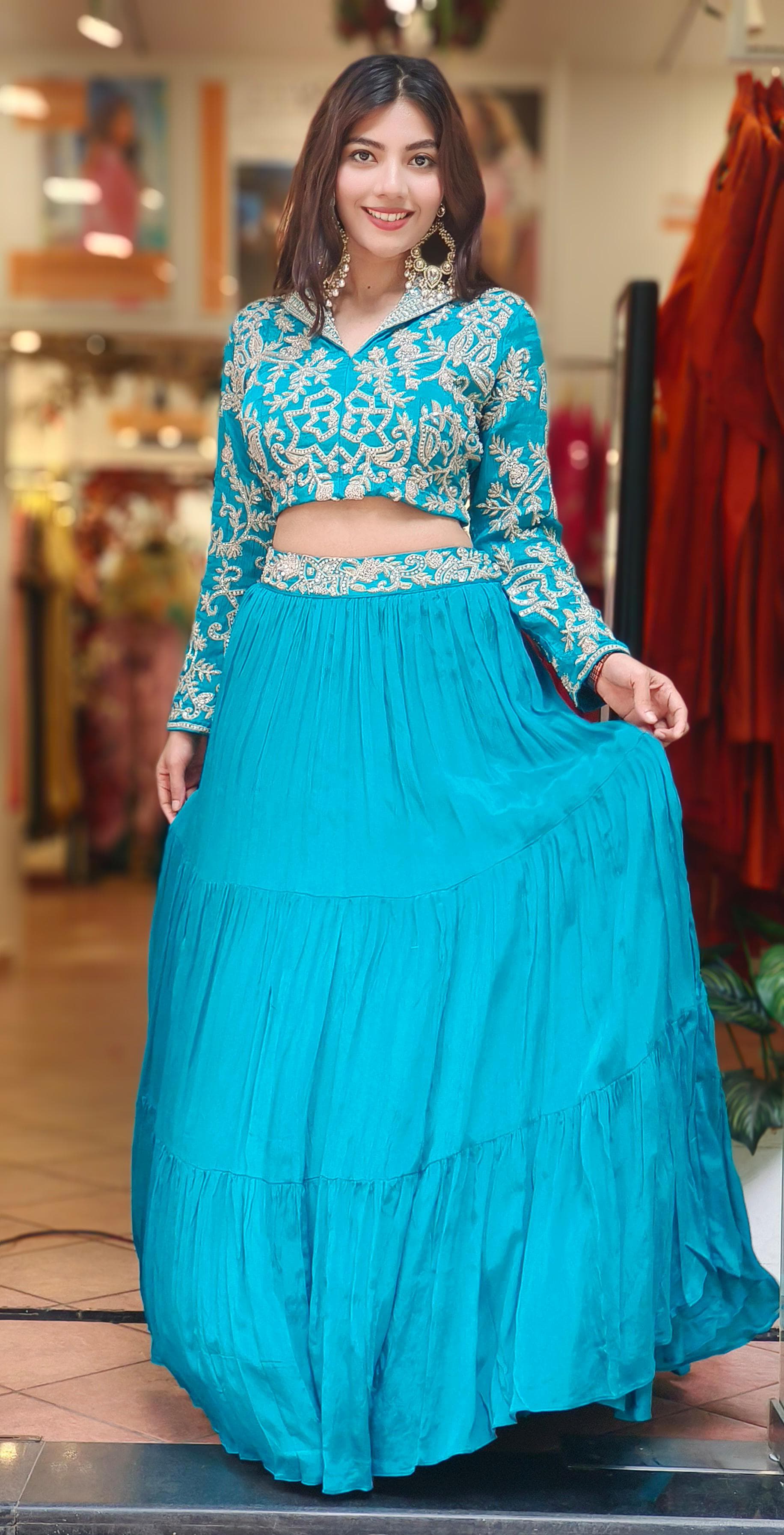 Designer Heavy Handwork Koti Collared Crop-Top With Skirt Cane-Cane Inside