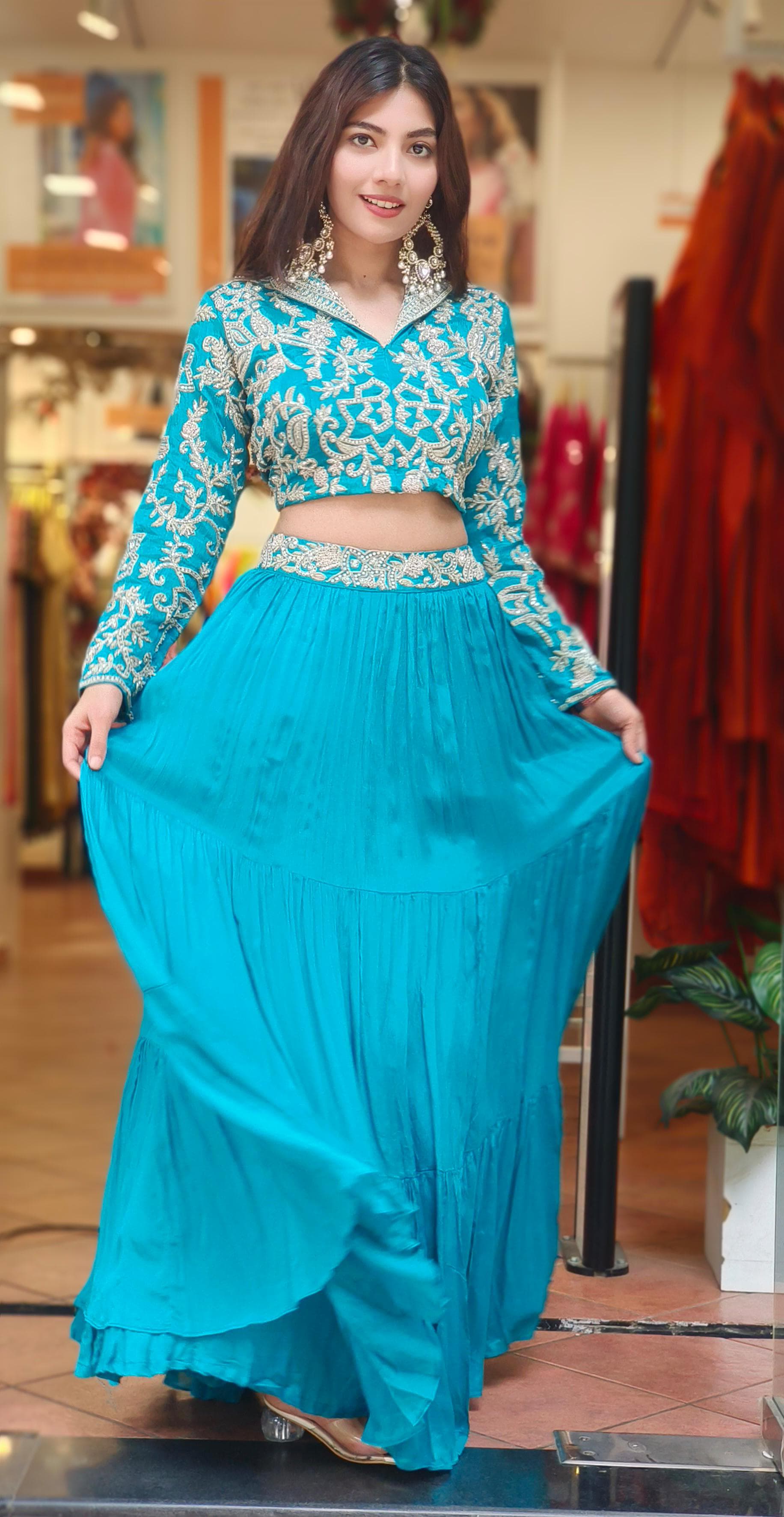 Designer Heavy Handwork Koti Collared Crop-Top With Skirt Cane-Cane Inside